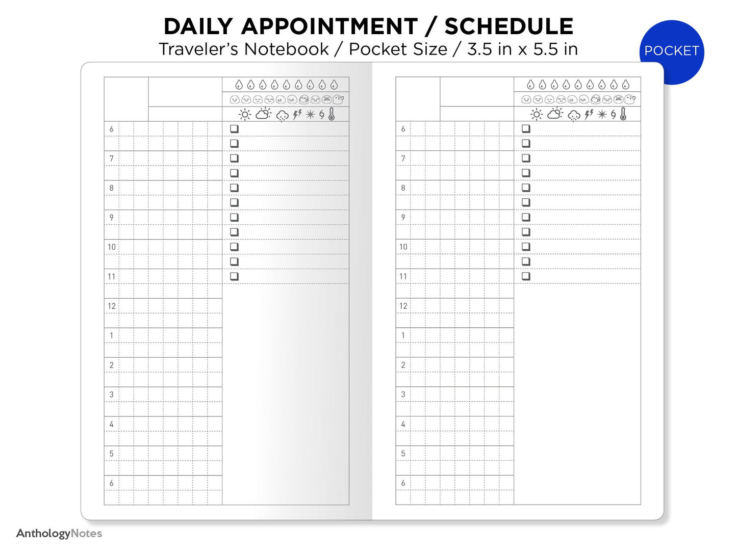 TN POCKET Size Daily View GRID Traveler's Notebook Printable Insert Weather, Mood, Water Intake Tracker