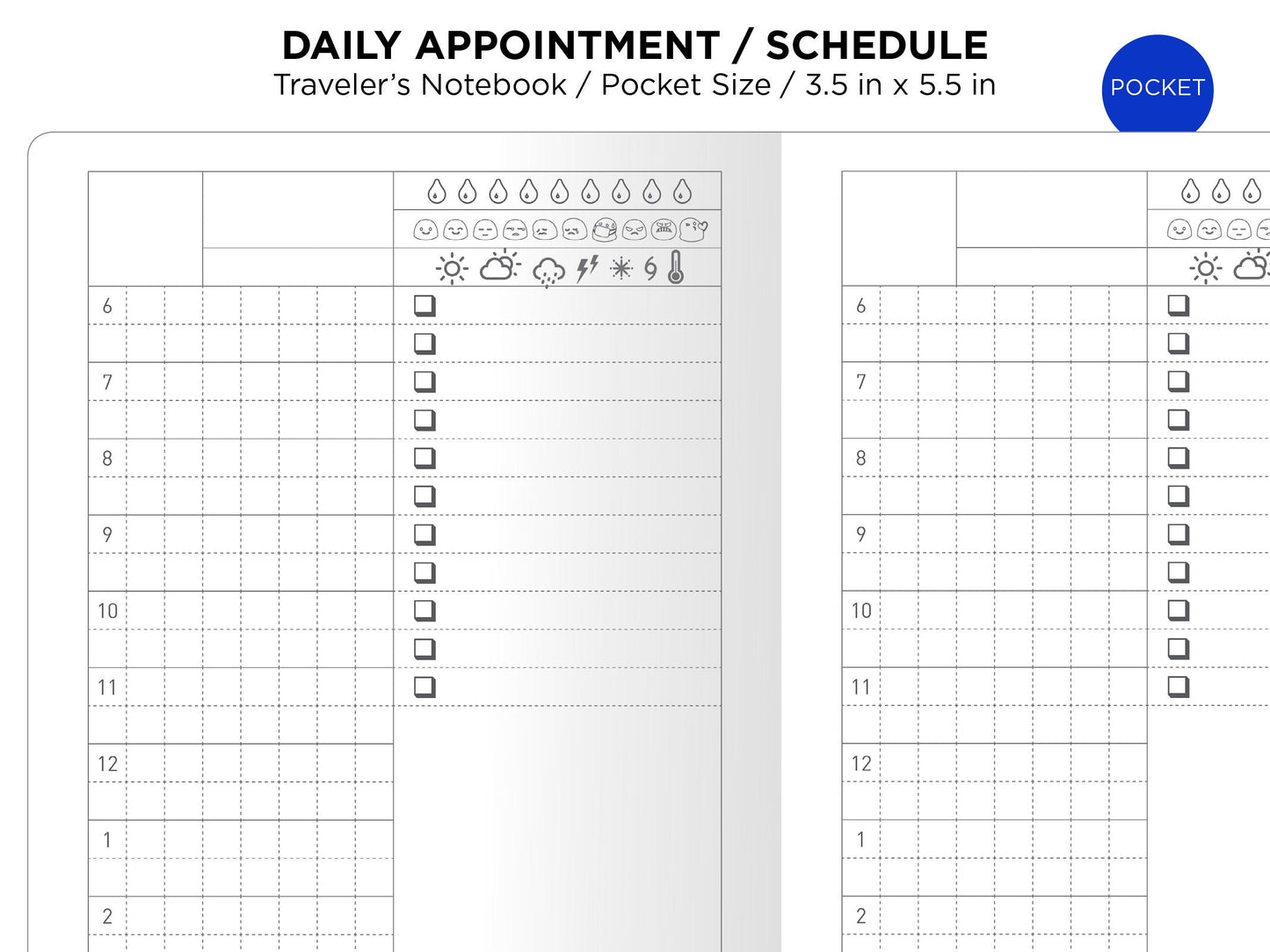 TN POCKET Size Daily View GRID Traveler's Notebook Printable Insert Weather, Mood, Water Intake Tracker