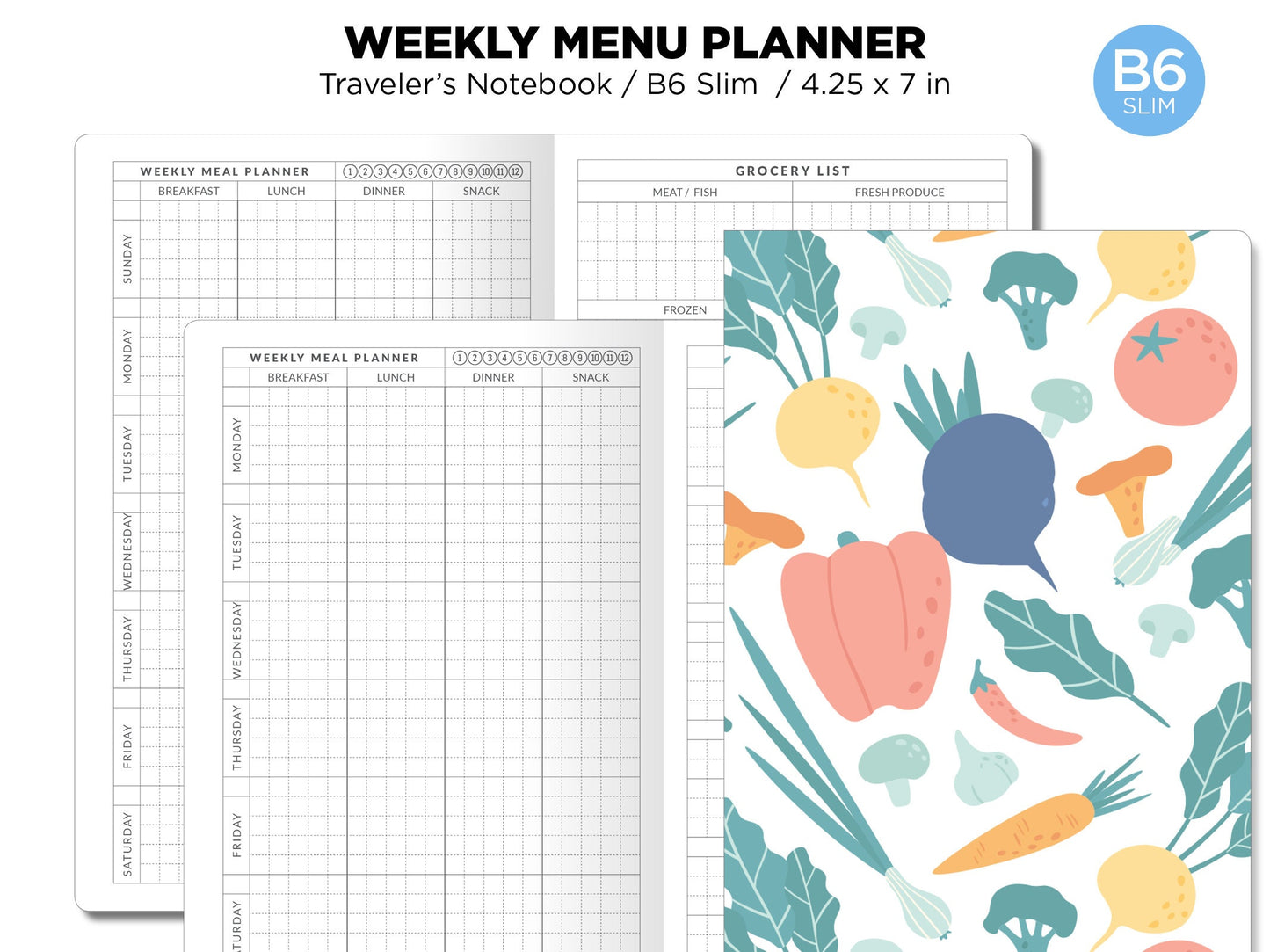 TN B6 SLIM MENU Planner with Grocery List Printable Traveler's Notebook Insert