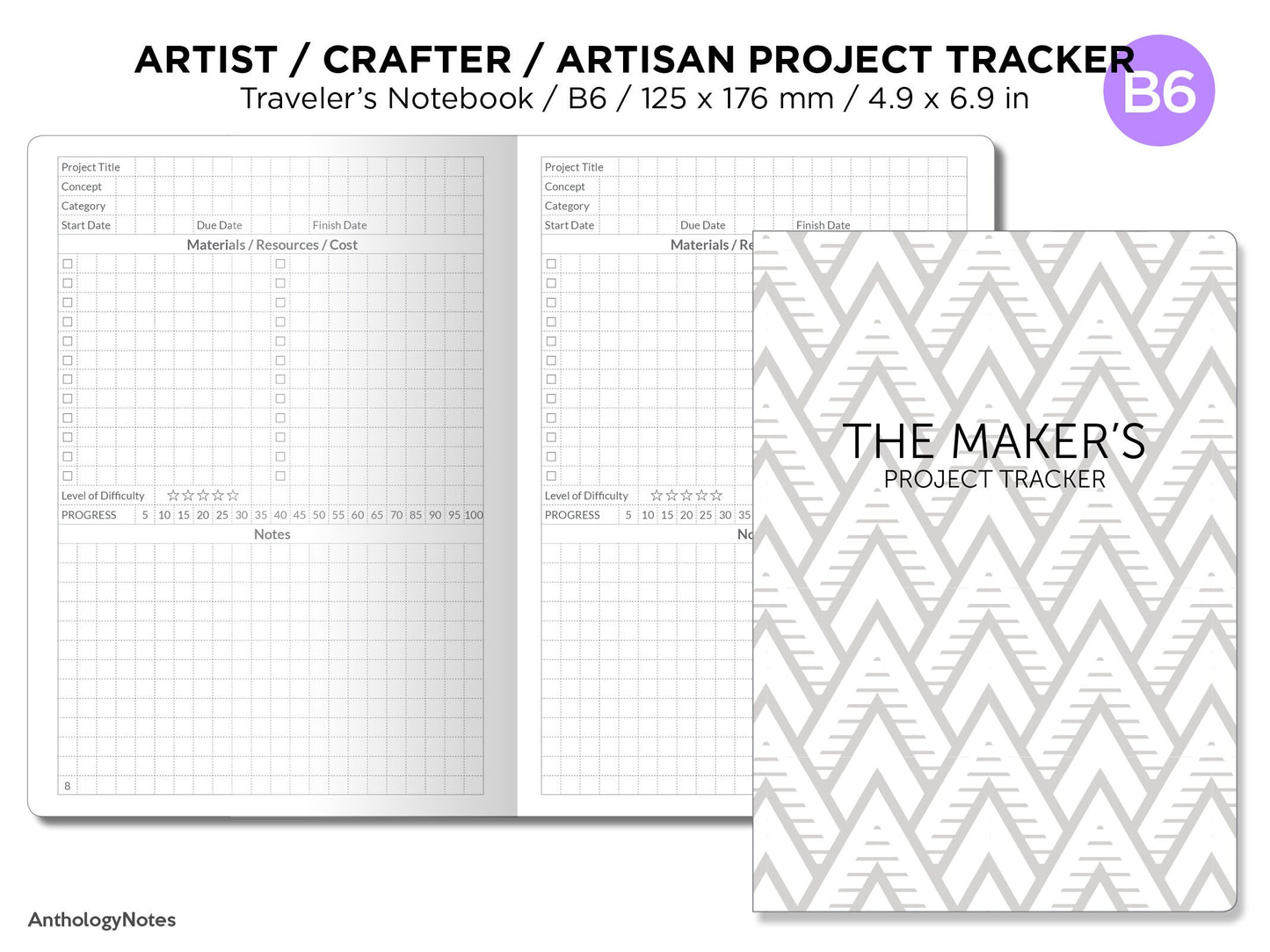 B6 Maker's PROJECT TRACKER for Artists Crafters Artisans Traveler's Notebook Printable Insert