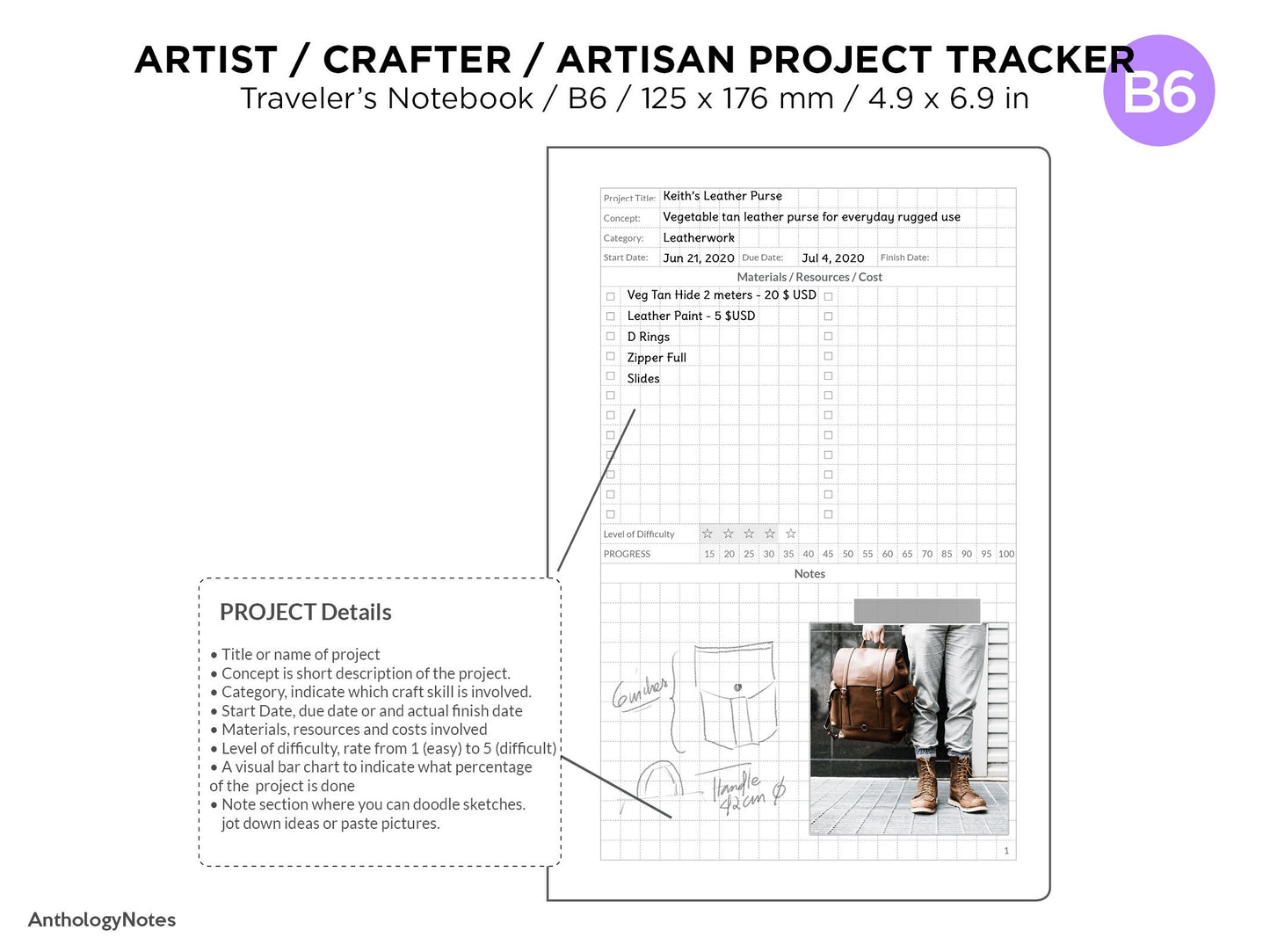 B6 Maker's PROJECT TRACKER for Artists Crafters Artisans Traveler's Notebook Printable Insert