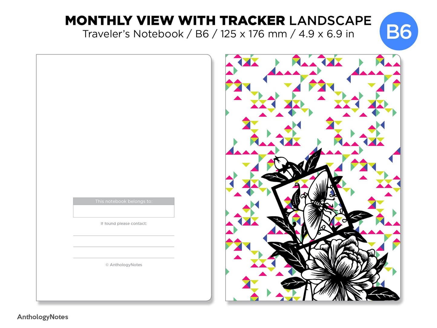 B6 Classic Monthly View TRACKER Landscape Format Traveler's Notebook Printable Insert - Minimalist