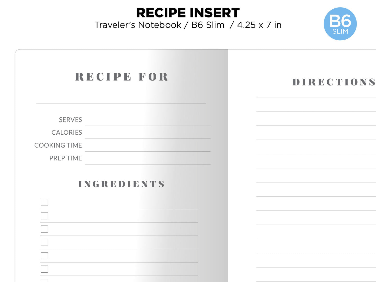 TN B6 Slim Recipe Insert Planner Printable Traveler's Notebook Insert