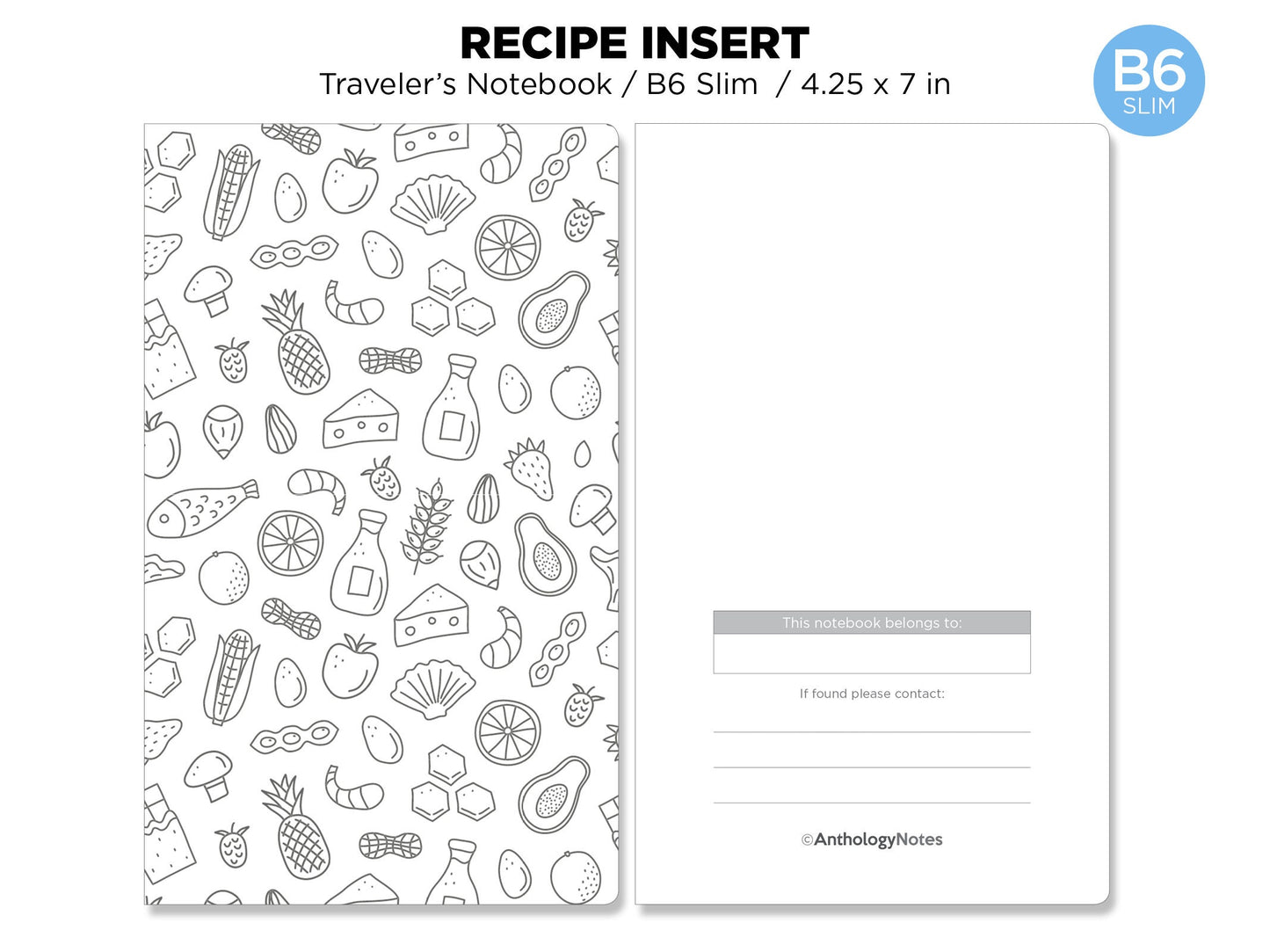 TN B6 Slim Recipe Insert Planner Printable Traveler's Notebook Insert