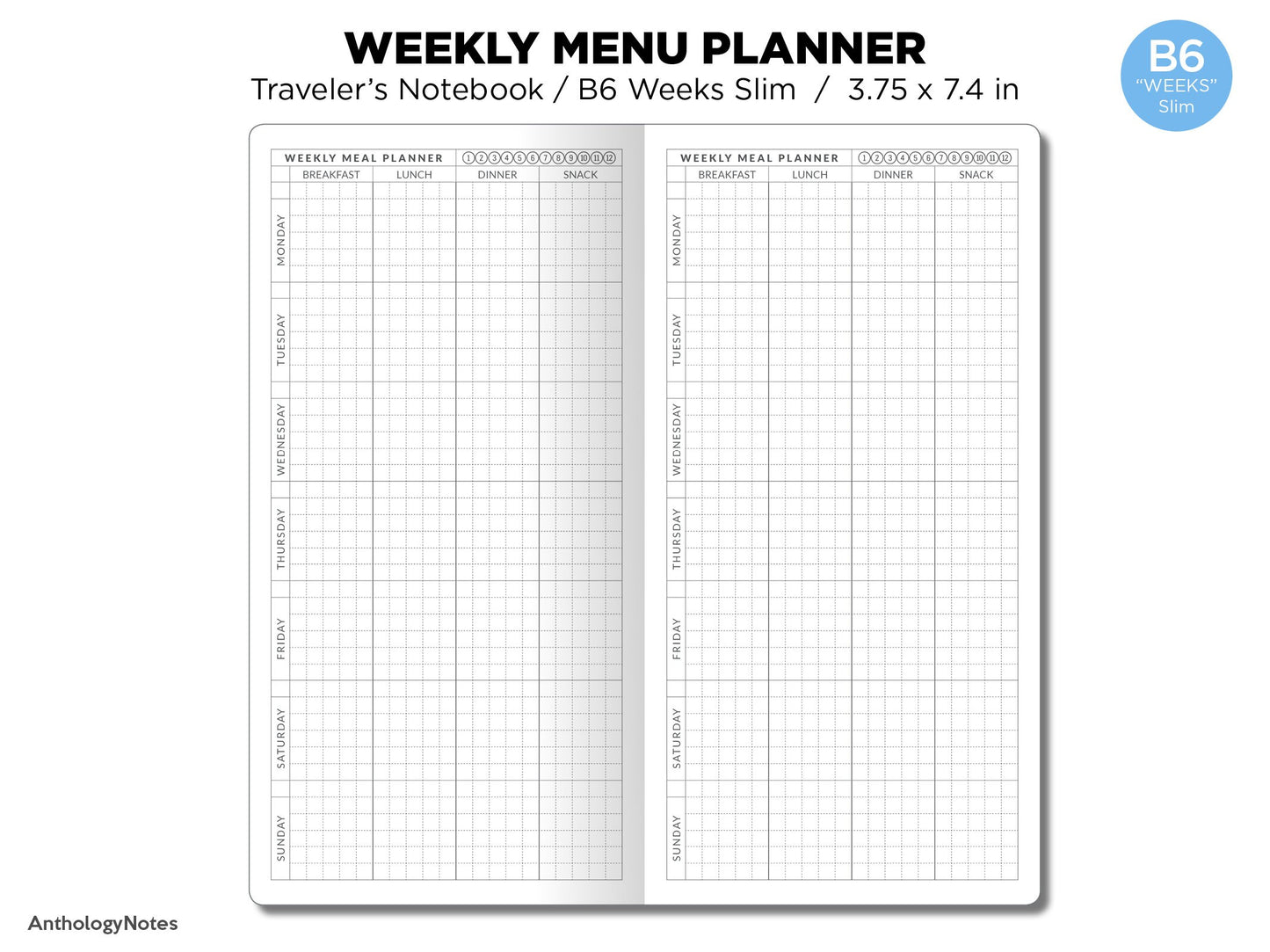 TN WEEKS Weekly MEAL Planner with  Grocery List Section Printable Traveler's Notebook Insert