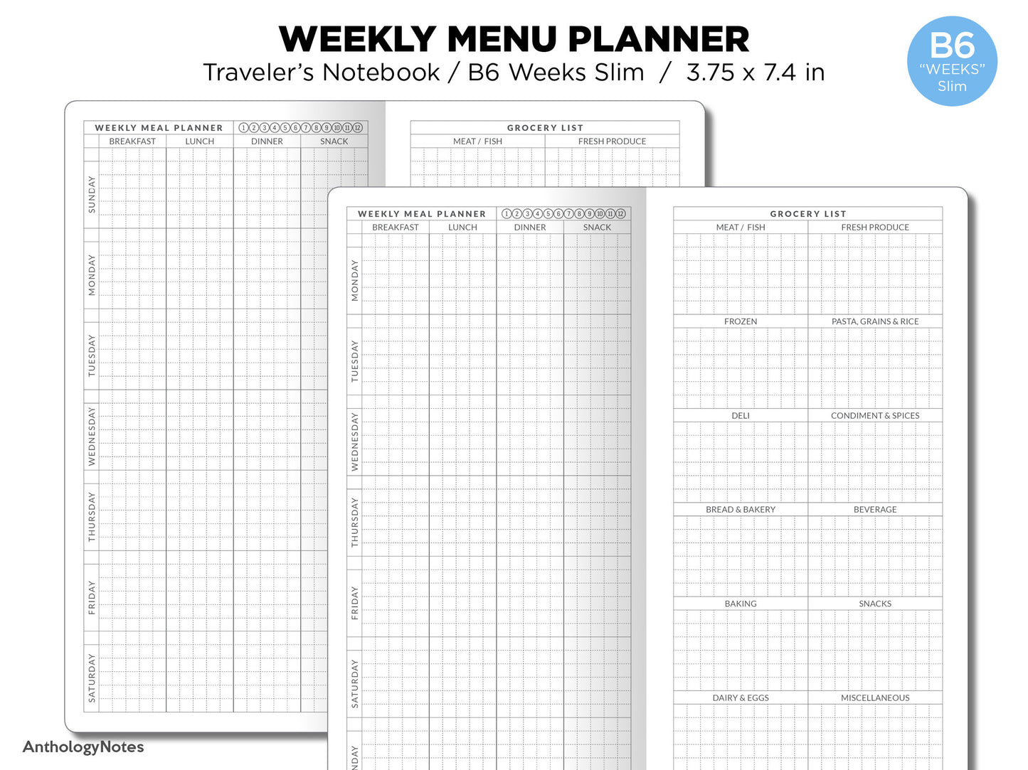 TN WEEKS Weekly MEAL Planner with  Grocery List Section Printable Traveler's Notebook Insert