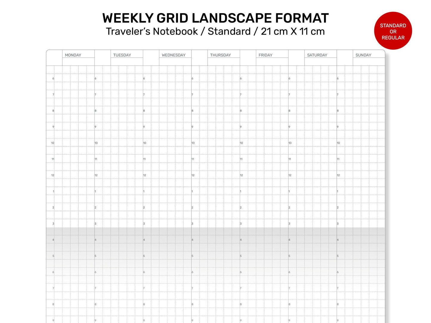 Weekly View Traveler's Notebook Standard Size - LANDSCAPE Format - Printable Insert GRID - Vertical Wo2P Minimalist - Monday / Sunday Start