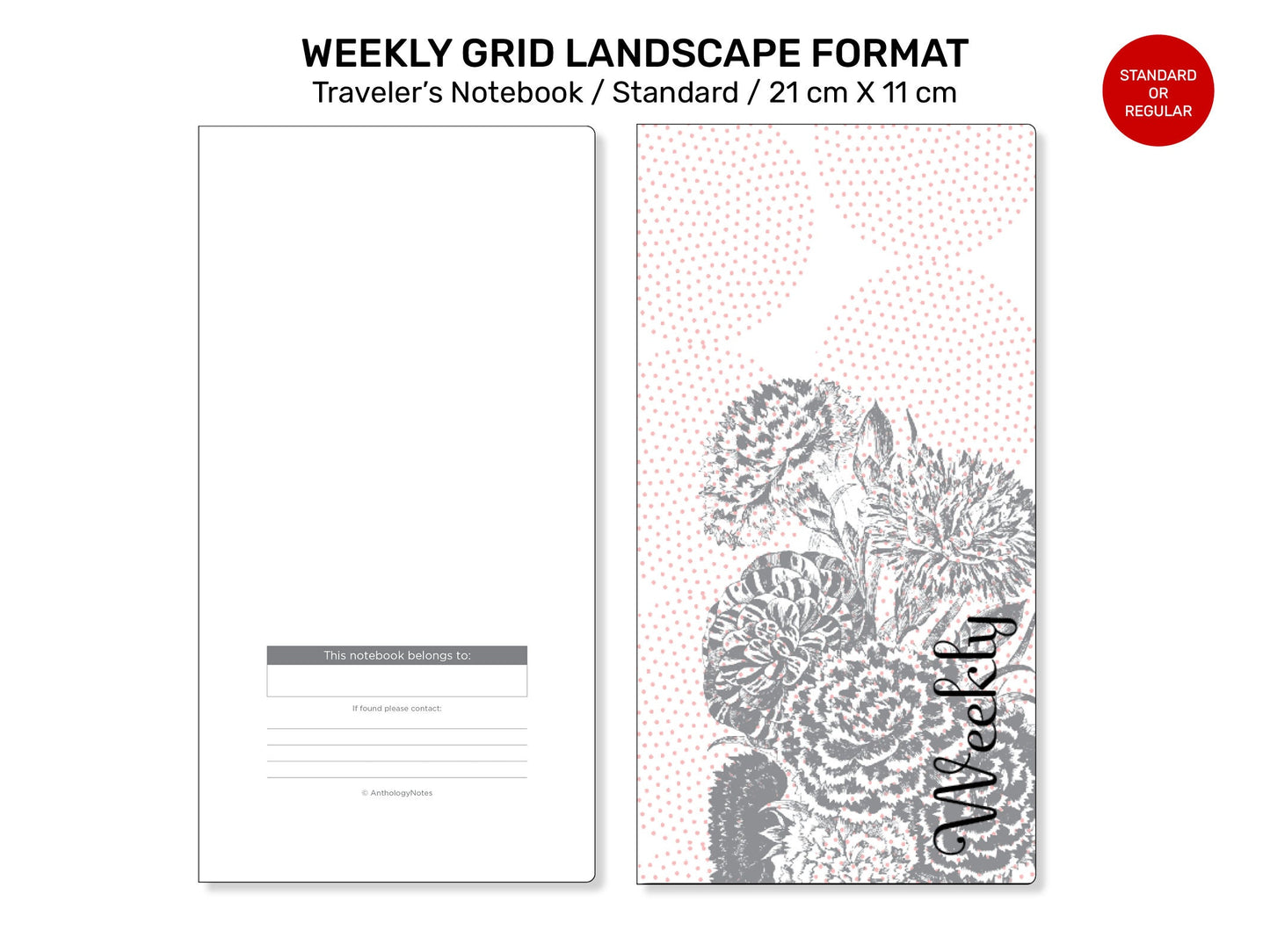 Weekly View Traveler's Notebook Standard Size - LANDSCAPE Format - Printable Insert GRID - Vertical Wo2P Minimalist - Monday / Sunday Start