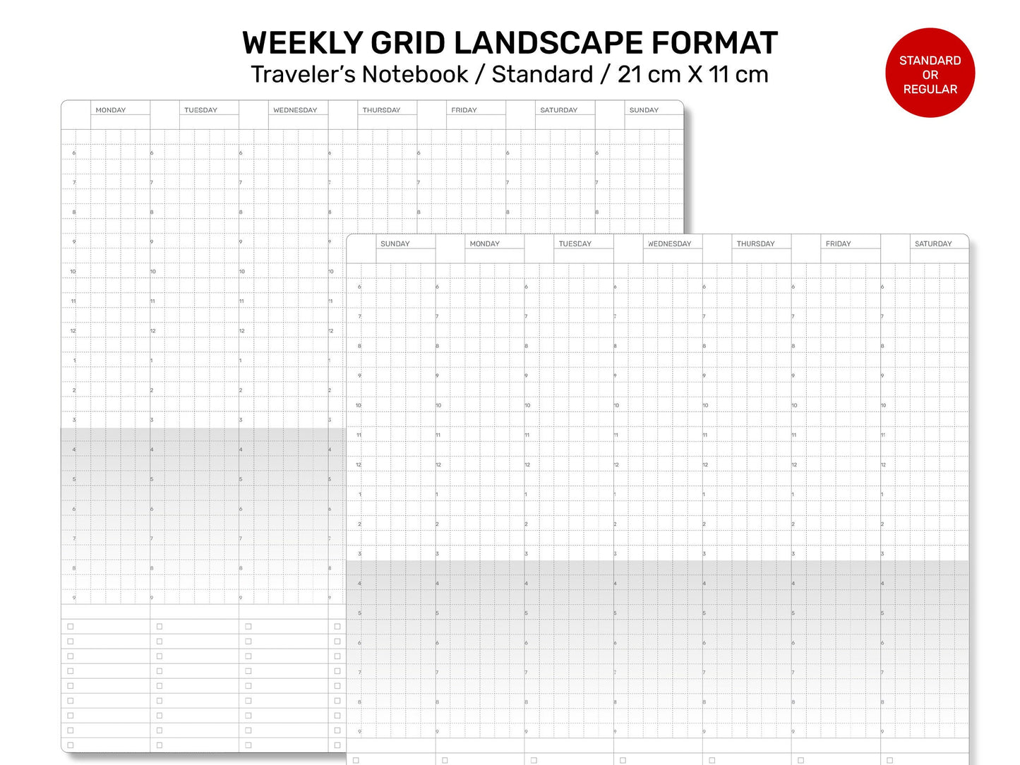 Weekly View Traveler's Notebook Standard Size - LANDSCAPE Format - Printable Insert GRID - Vertical Wo2P Minimalist - Monday / Sunday Start