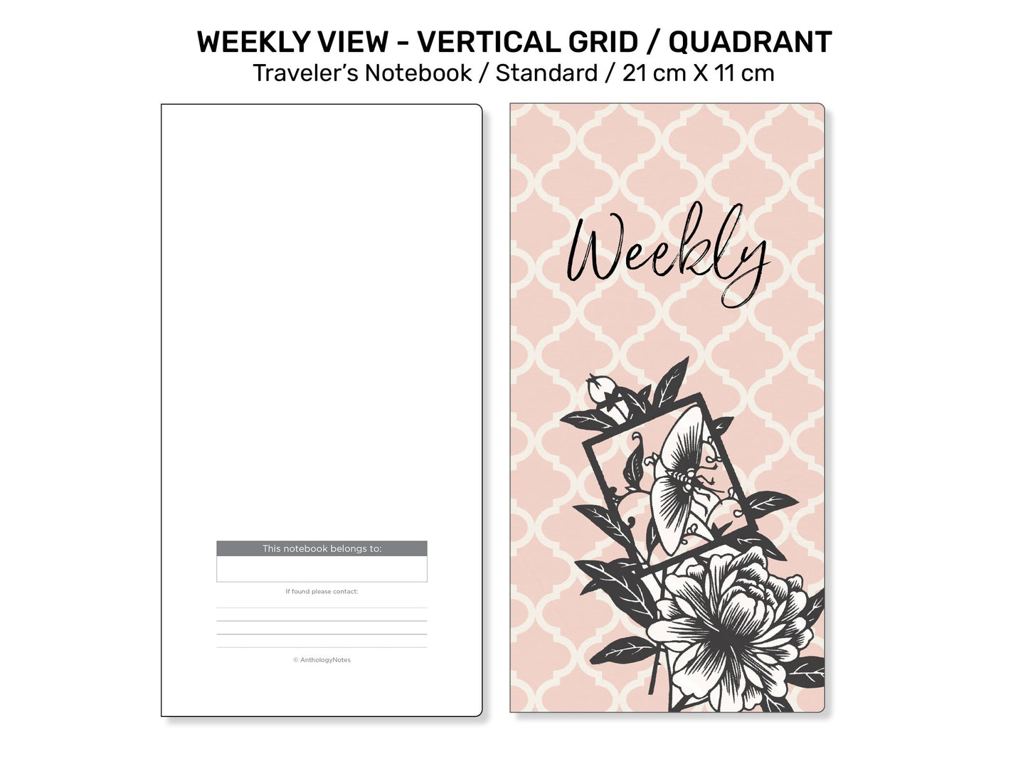 Weekly View Traveler's Notebook Standard Printable Insert GRID Vertical Quadrant Wo2P Minimalist Functional Planning