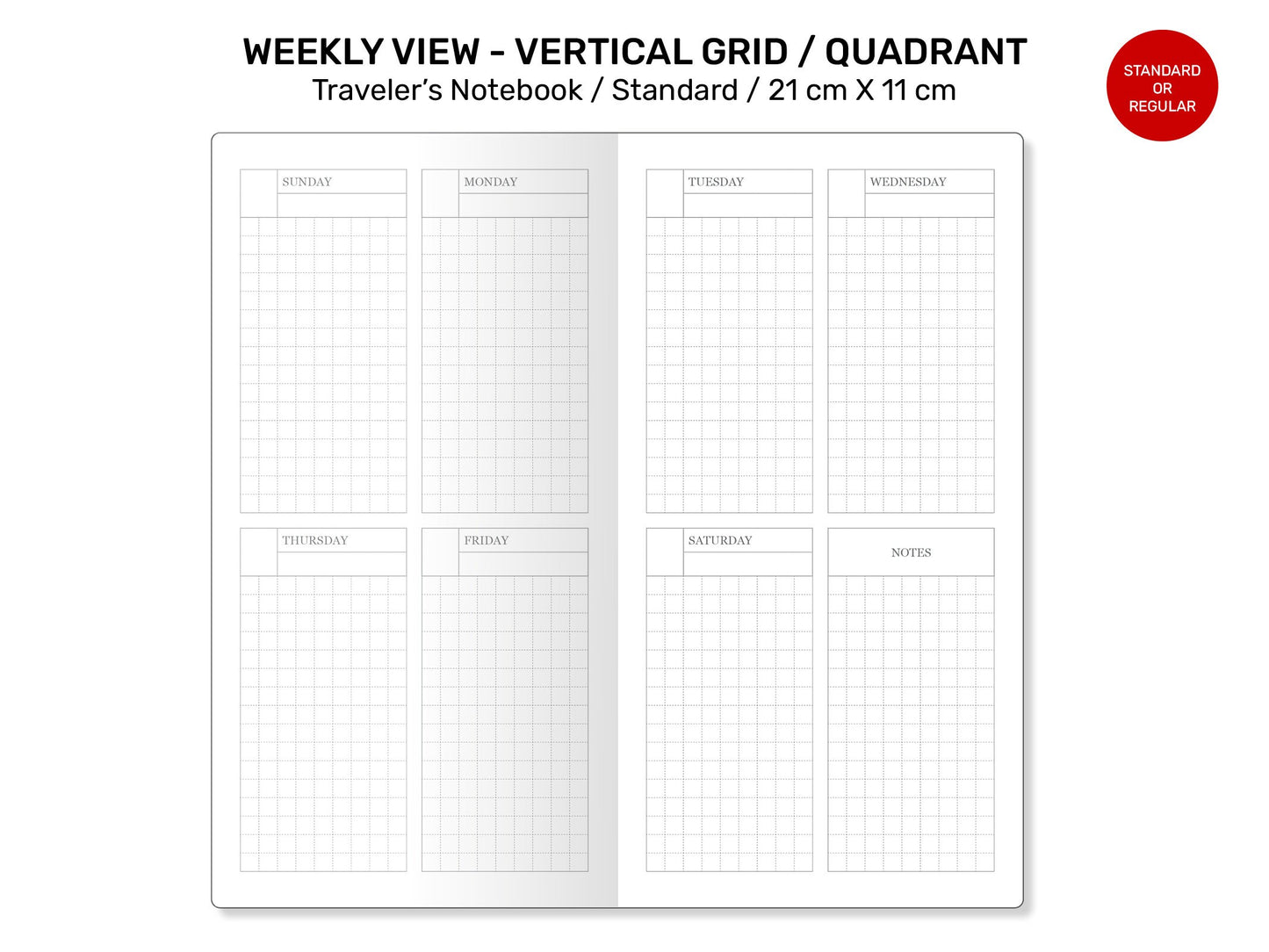 Weekly View Traveler's Notebook Standard Printable Insert GRID Vertical Quadrant Wo2P Minimalist Functional Planning