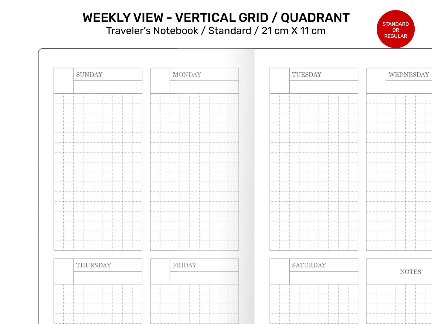 Weekly View Traveler's Notebook Standard Printable Insert GRID Vertical Quadrant Wo2P Minimalist Functional Planning