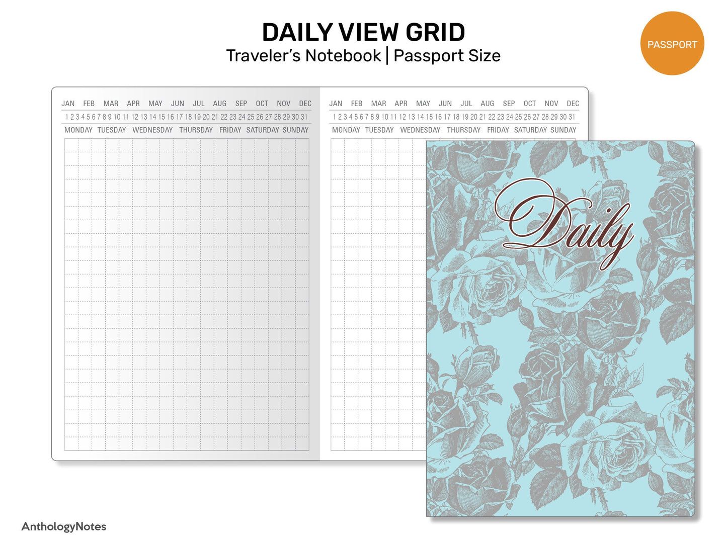 PASSPORT Daily View GRID - Printable Traveler's Notebook Insert (Do1P) Day on 1 Page - Minimalist