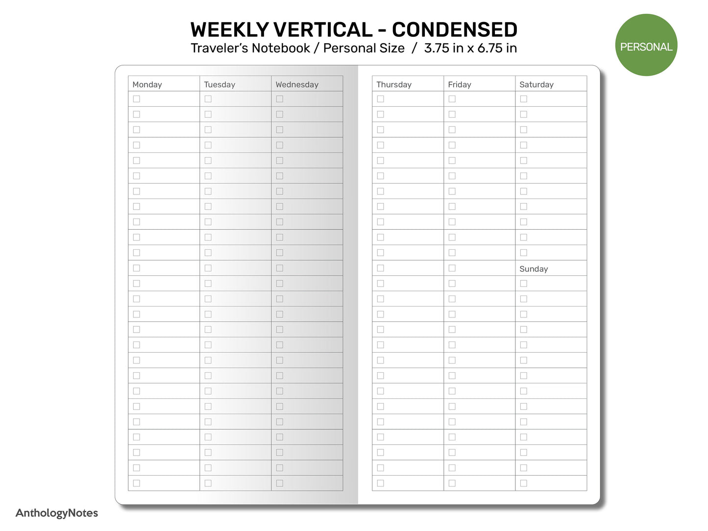 PERSONAL Weekly TN VERTICAL Printable Insert Traveler's Notebook Condensed Weekend