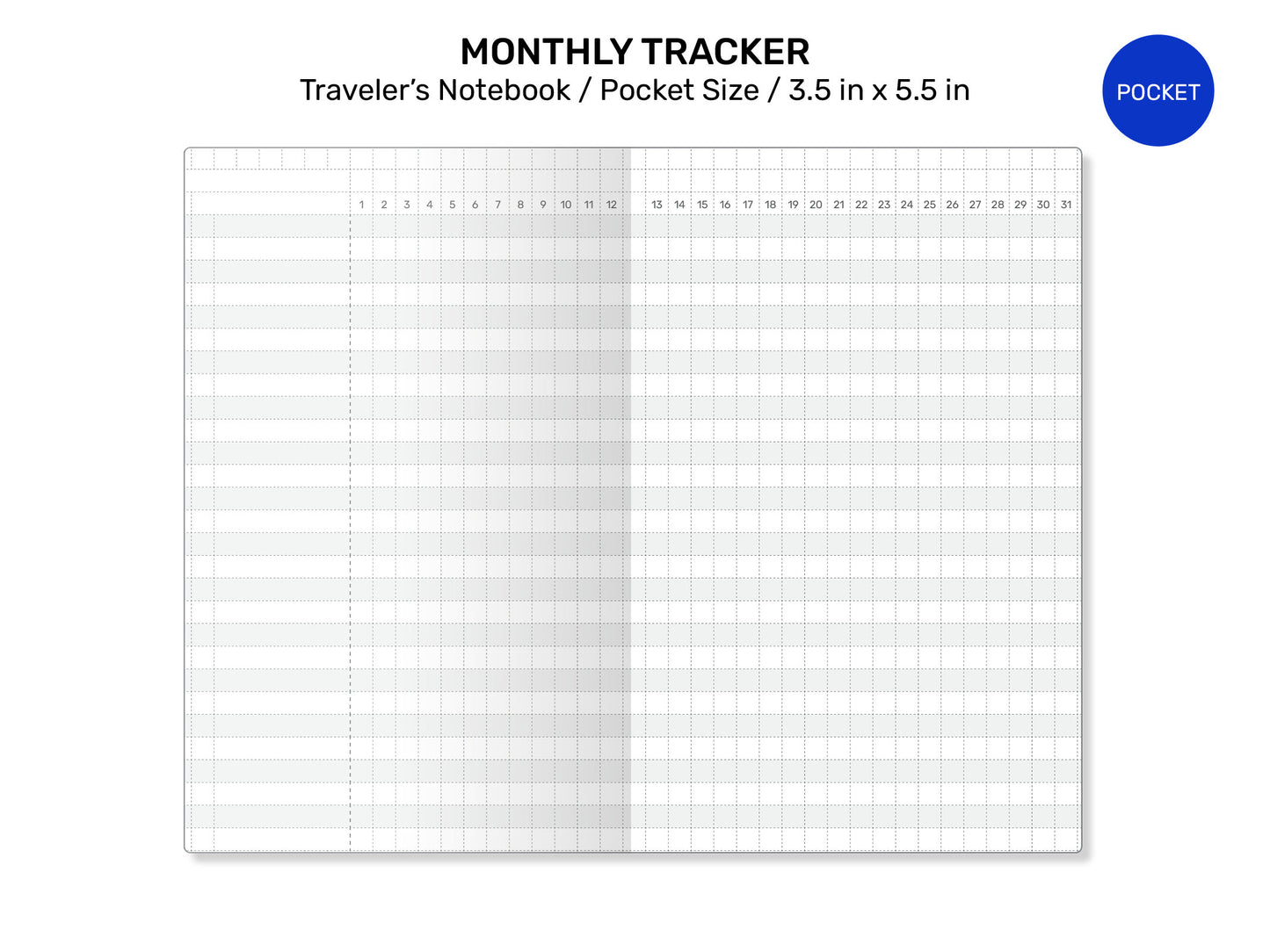 TN Pocket Notes Traveler's Notebook Printable Insert Monthly Grid Tracker, Minimalist, Clean - Pocket Size UNDATED