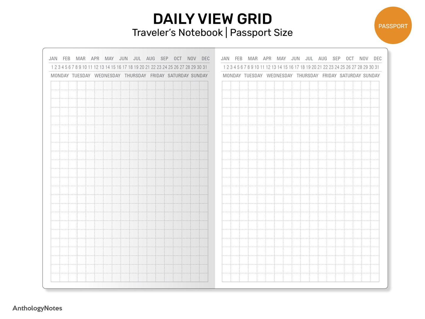 PASSPORT Daily View GRID - Printable Traveler's Notebook Insert (Do1P) Day on 1 Page - Minimalist