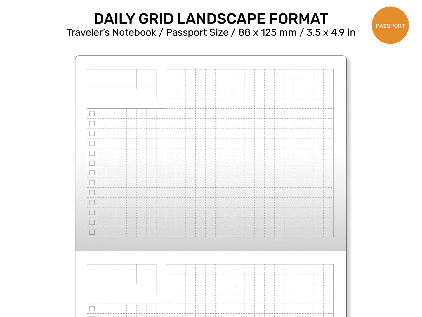 TN Passport DAILY GRID Landscape Format Printable Traveler's Notebook Refill for Left-Handed / Lefties Minimalist Functional PP22-001