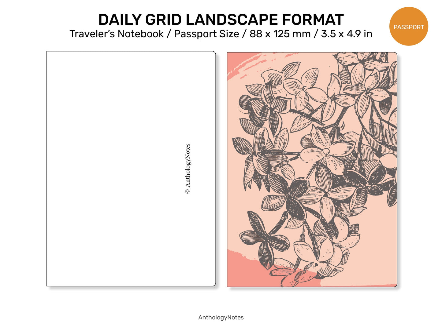 TN Passport DAILY GRID Landscape Format Printable Traveler's Notebook Refill for Left-Handed / Lefties Minimalist Functional PP22-001