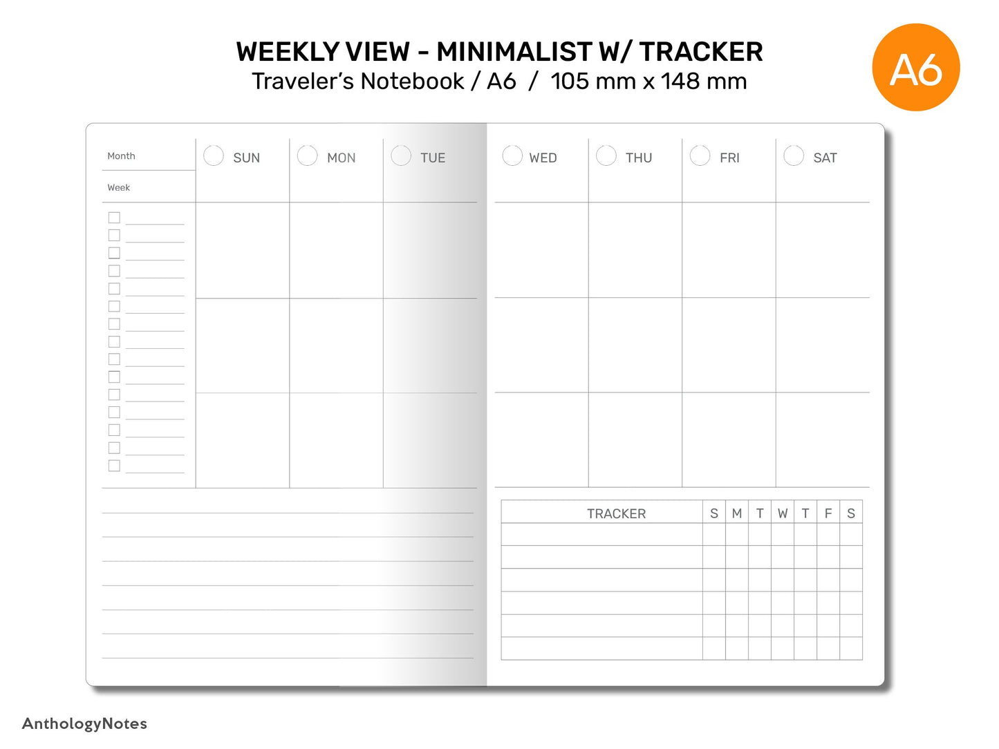 TN A6 Weekly Vertical View  Tracker Traveler's Notebook Printable Insert - Wo2P - Monday or Sunday Start - Minimalist