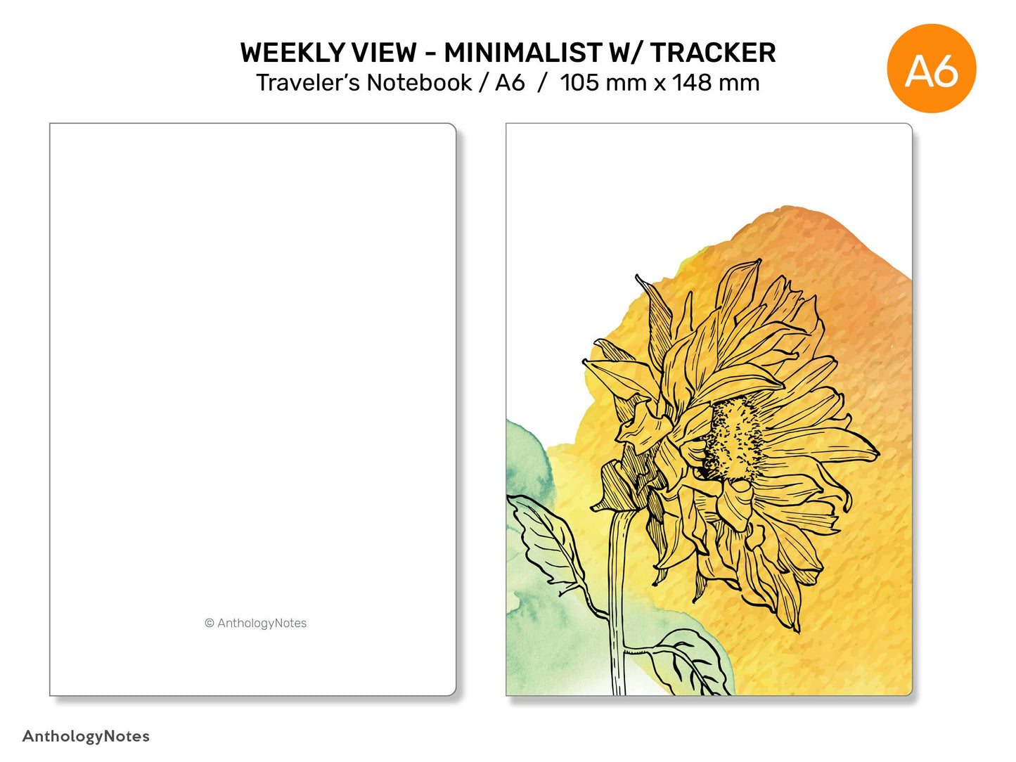 TN A6 Weekly Vertical View  Tracker Traveler's Notebook Printable Insert - Wo2P - Monday or Sunday Start - Minimalist