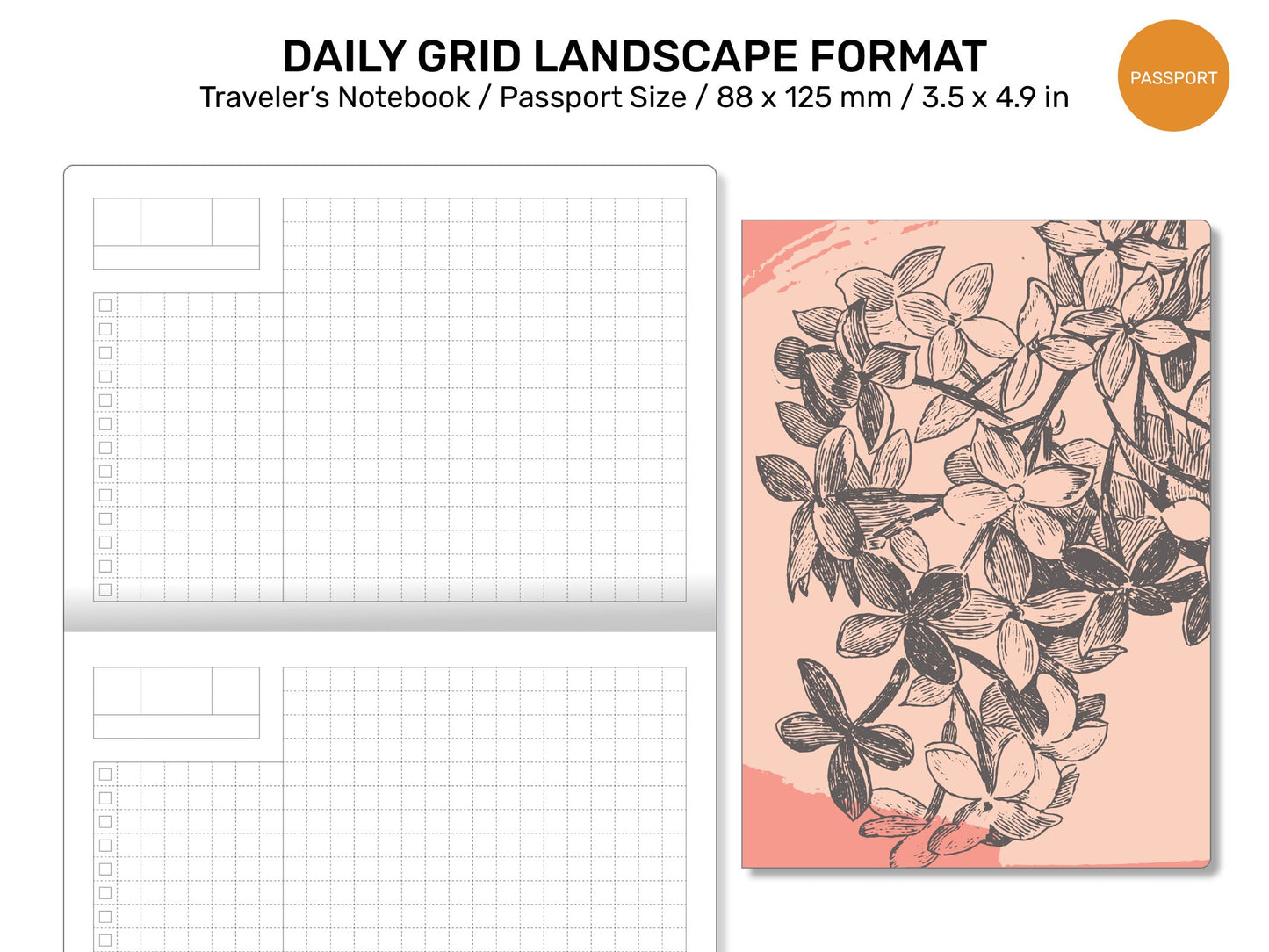 TN Passport DAILY GRID Landscape Format Printable Traveler's Notebook Refill for Left-Handed / Lefties Minimalist Functional PP22-001