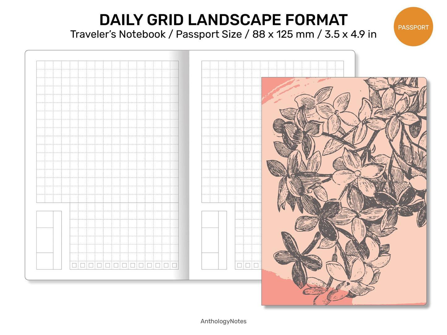 TN Passport DAILY GRID Landscape Format Printable Traveler's Notebook Refill for Left-Handed / Lefties Minimalist Functional PP22-001