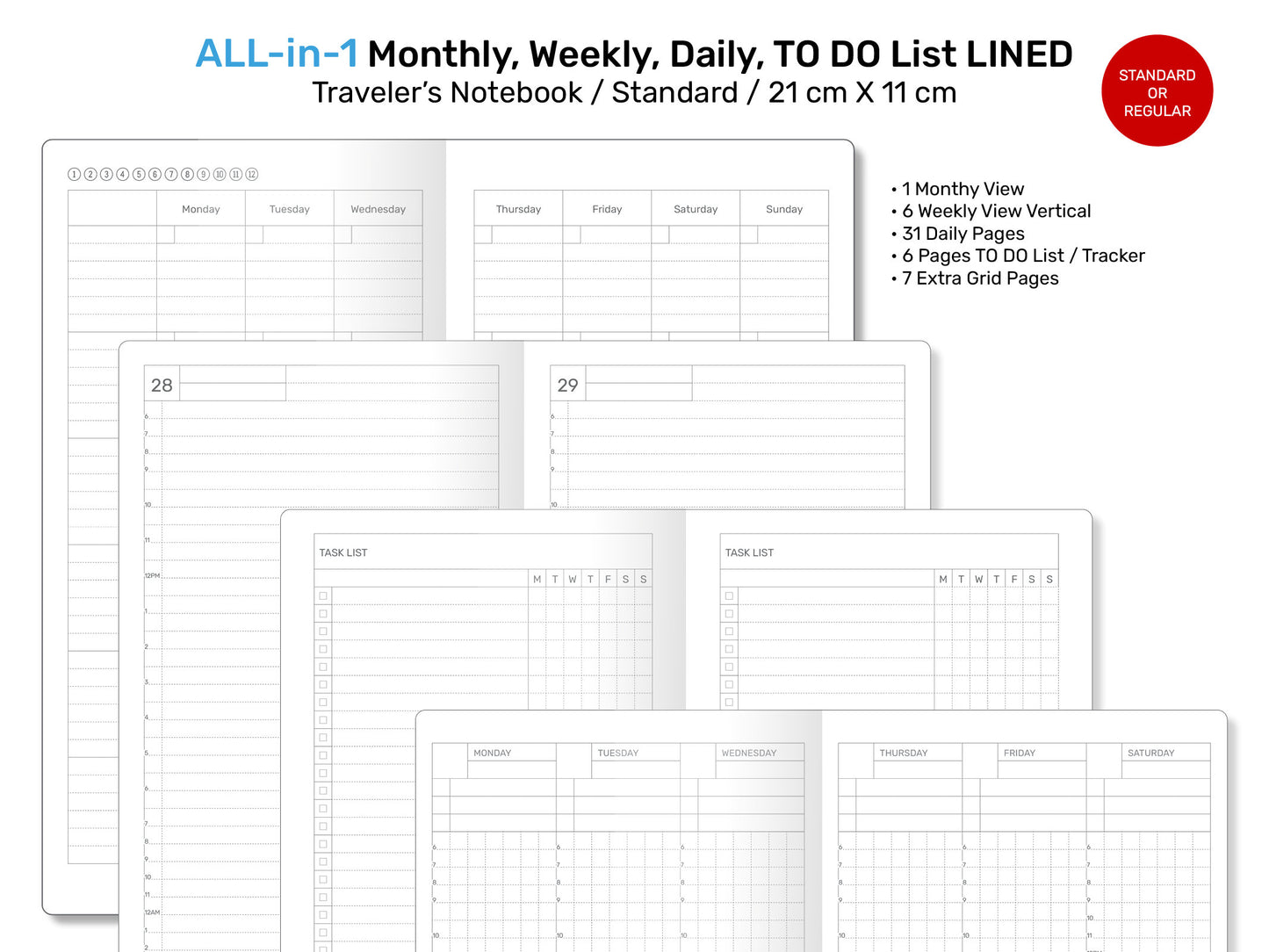 Standard TN ALL-in-1 Monthly, Weekly, Daily, List Printable Traveler's Notebook Refill Insert LINED - Minimalist Functional RTN022-003B