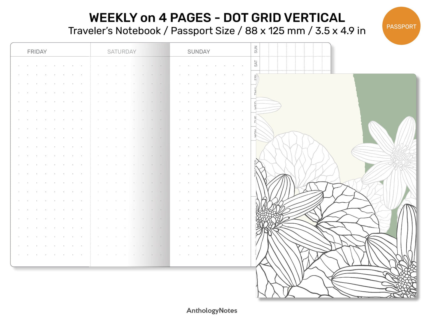 PASSPORT WEEKLY Dot Grid Vertical Traveler's Notebook Printable Insert with Tracker Minimalist Wo4P