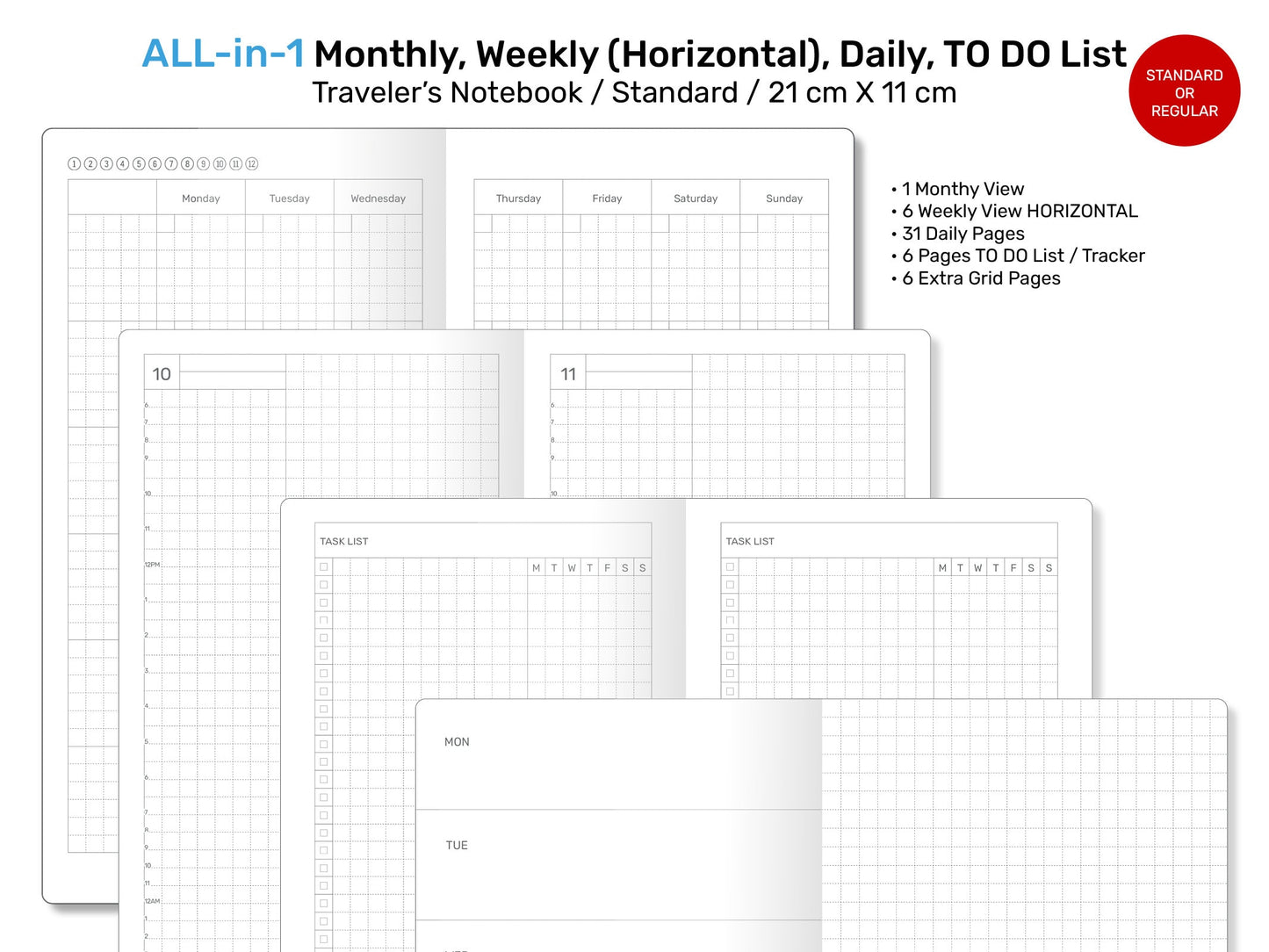 Standard TN ALL-in-1 Monthly, Weekly HORIZONTAL, Daily, List Printable Traveler's Notebook Refill Insert - Minimalist Functional RTN22-004