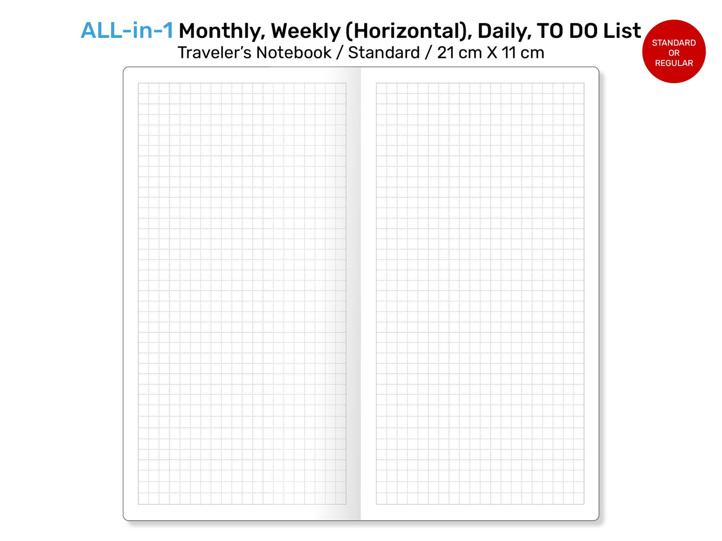 Standard TN ALL-in-1 Monthly, Weekly HORIZONTAL, Daily, List Printable Traveler's Notebook Refill Insert - Minimalist Functional RTN22-004