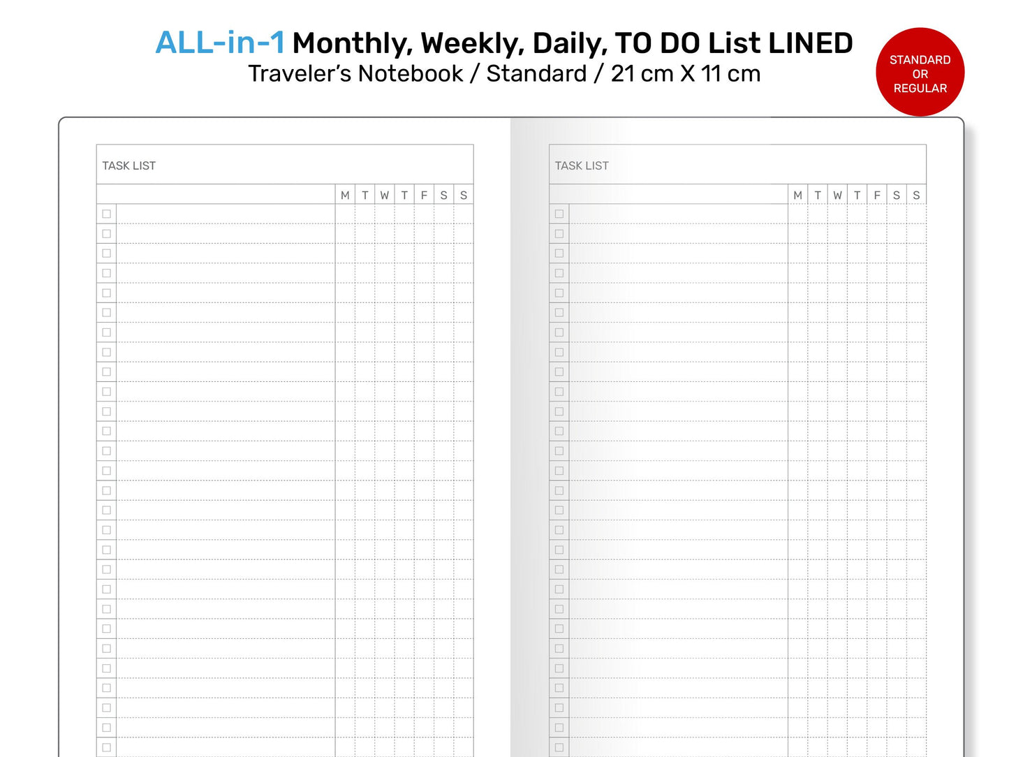 Standard TN ALL-in-1 Monthly, Weekly, Daily, List Printable Traveler's Notebook Refill Insert LINED - Minimalist Functional RTN022-003B