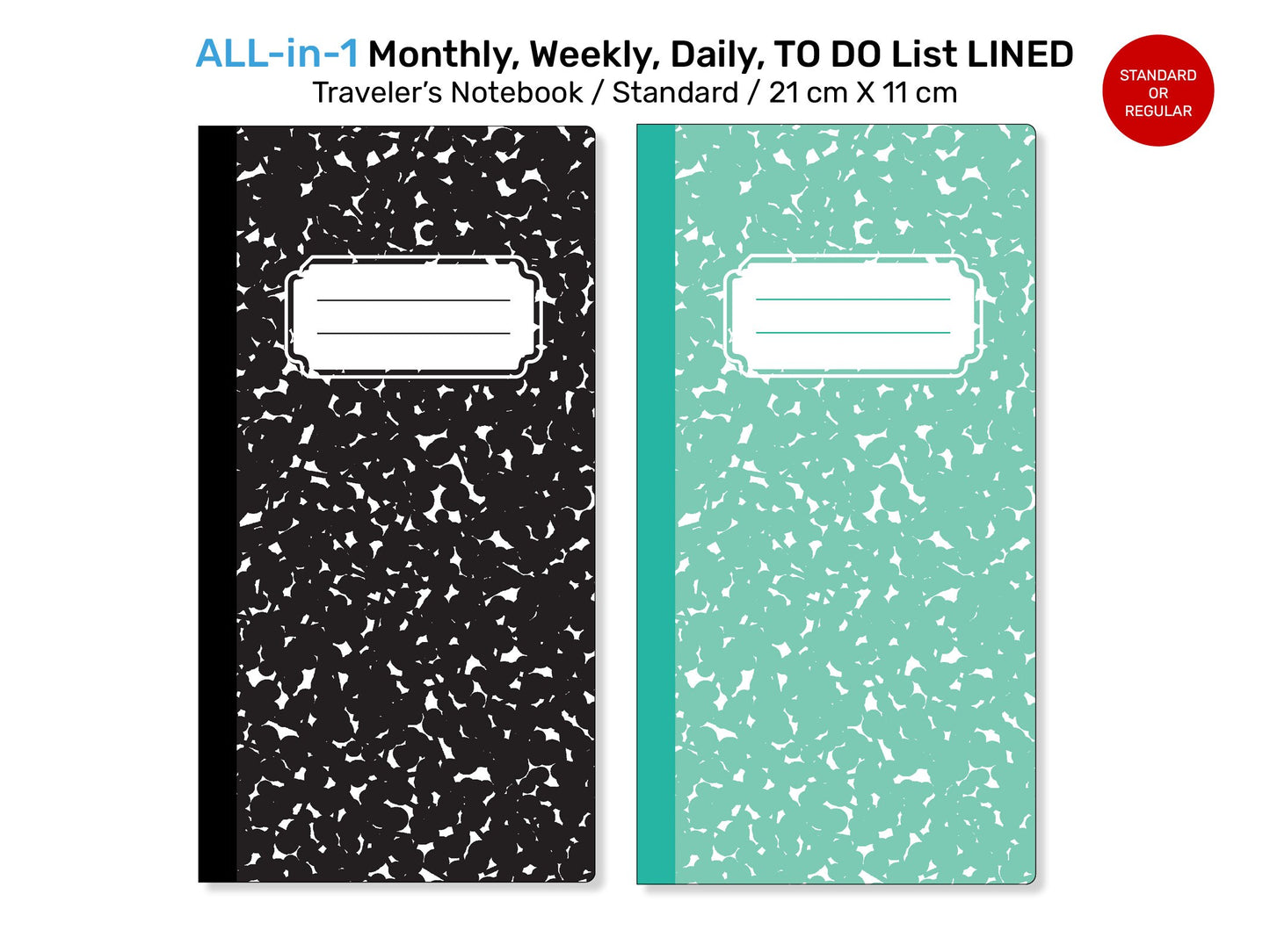 Standard TN ALL-in-1 Monthly, Weekly, Daily, List Printable Traveler's Notebook Refill Insert LINED - Minimalist Functional RTN022-003B