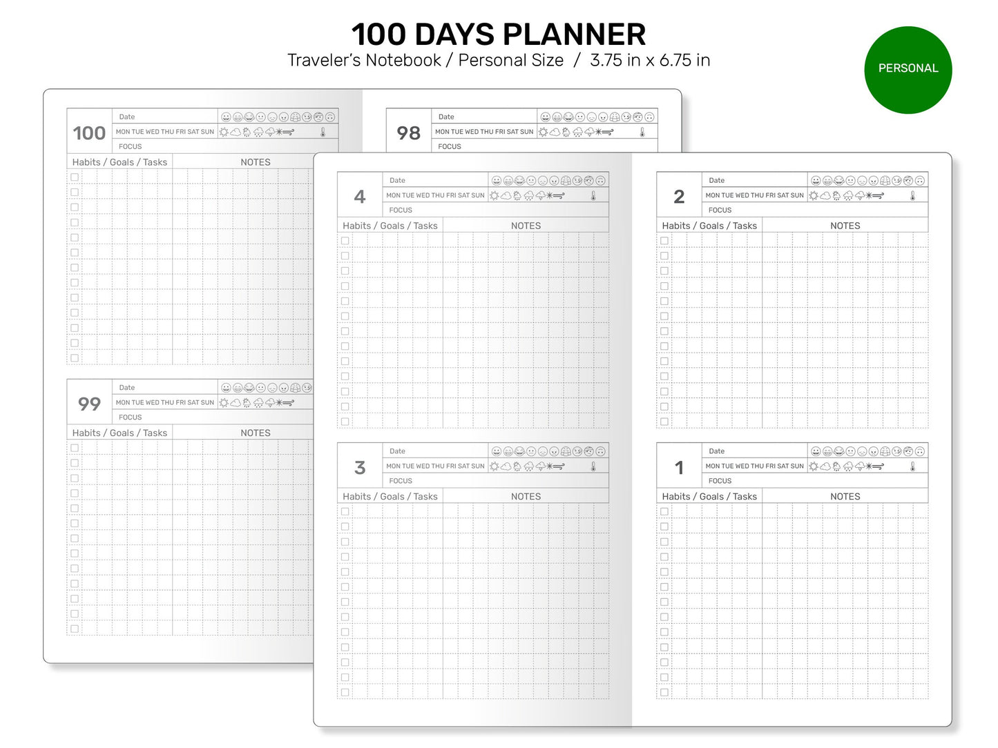 TN Personal 100 DAYS PLANNER Printable Traveler's Notebook Insert Refill