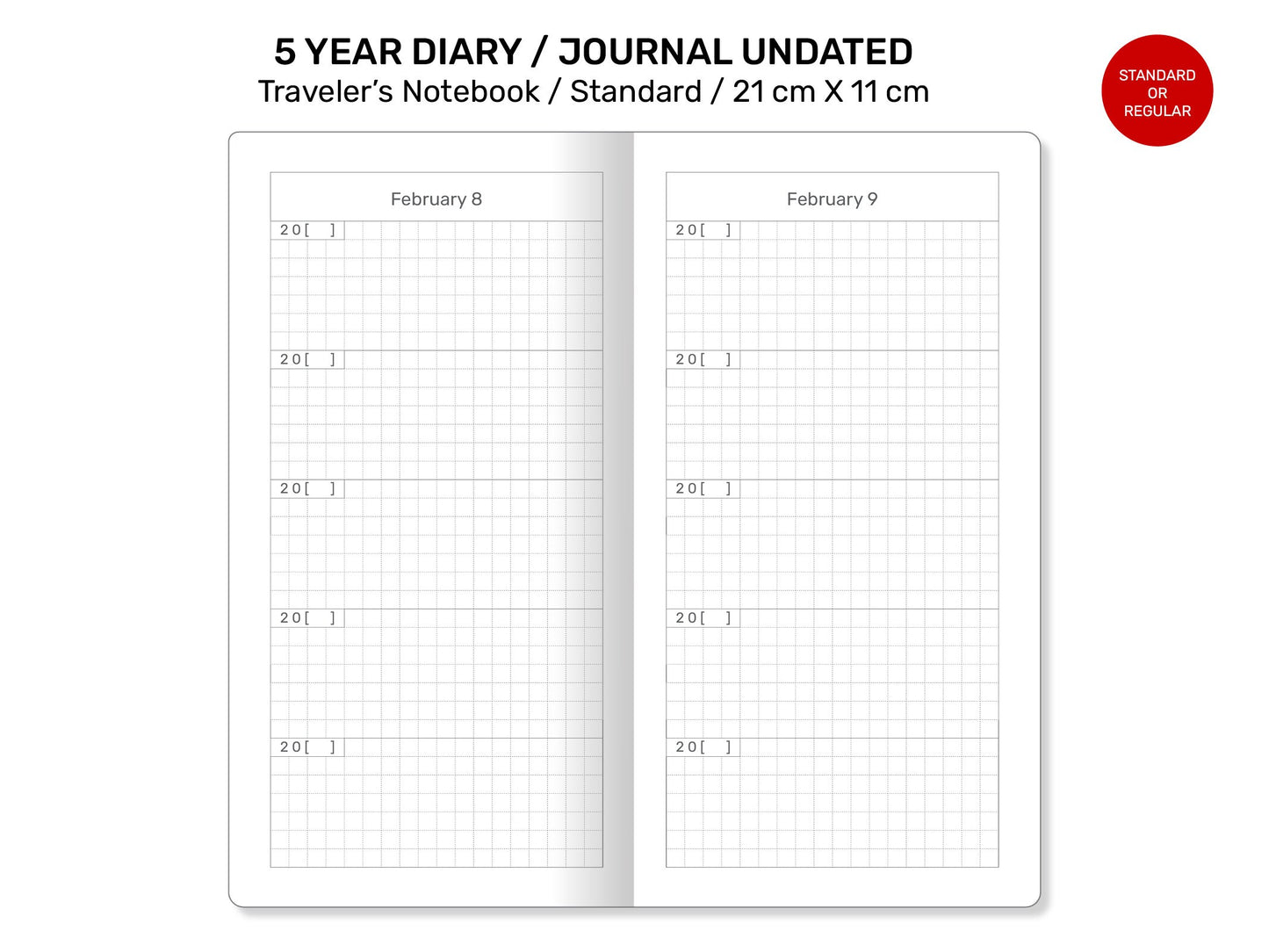 5 YEAR JOURNAL DIARY Traveler's Notebook Standard Size - Printable Refill Grid - Minimalist Functional