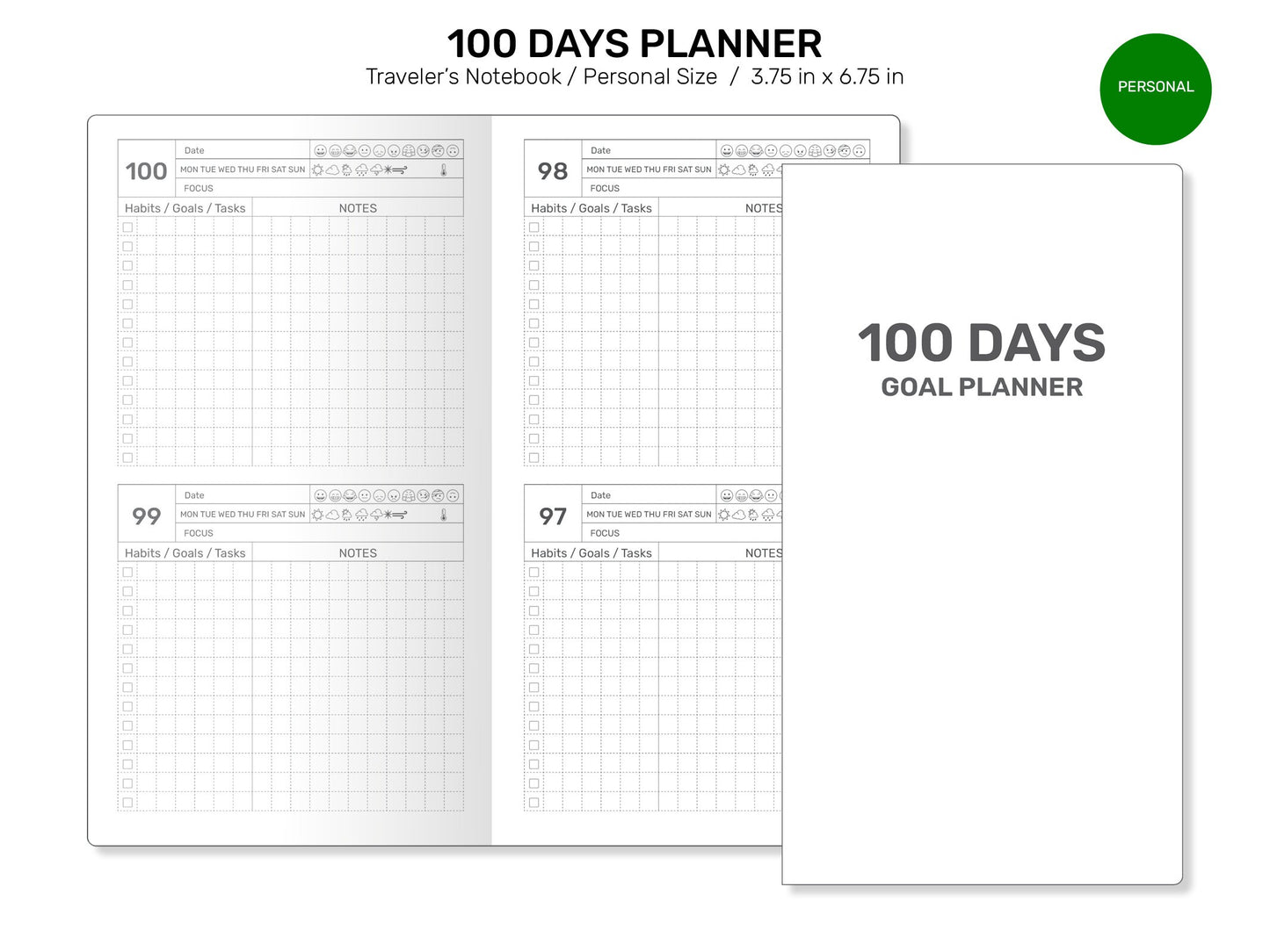 TN Personal 100 DAYS PLANNER Printable Traveler's Notebook Insert Refill