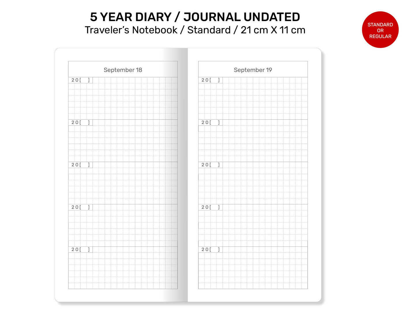 5 YEAR JOURNAL DIARY Traveler's Notebook Standard Size - Printable Refill Grid - Minimalist Functional