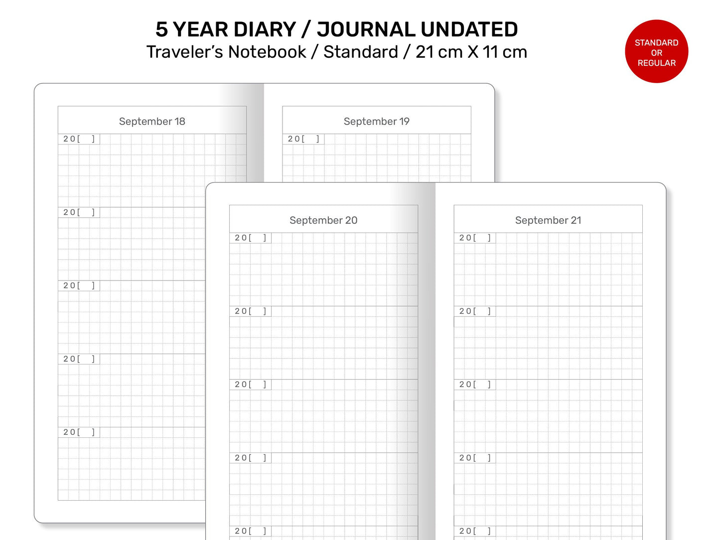 5 YEAR JOURNAL DIARY Traveler's Notebook Standard Size - Printable Refill Grid - Minimalist Functional