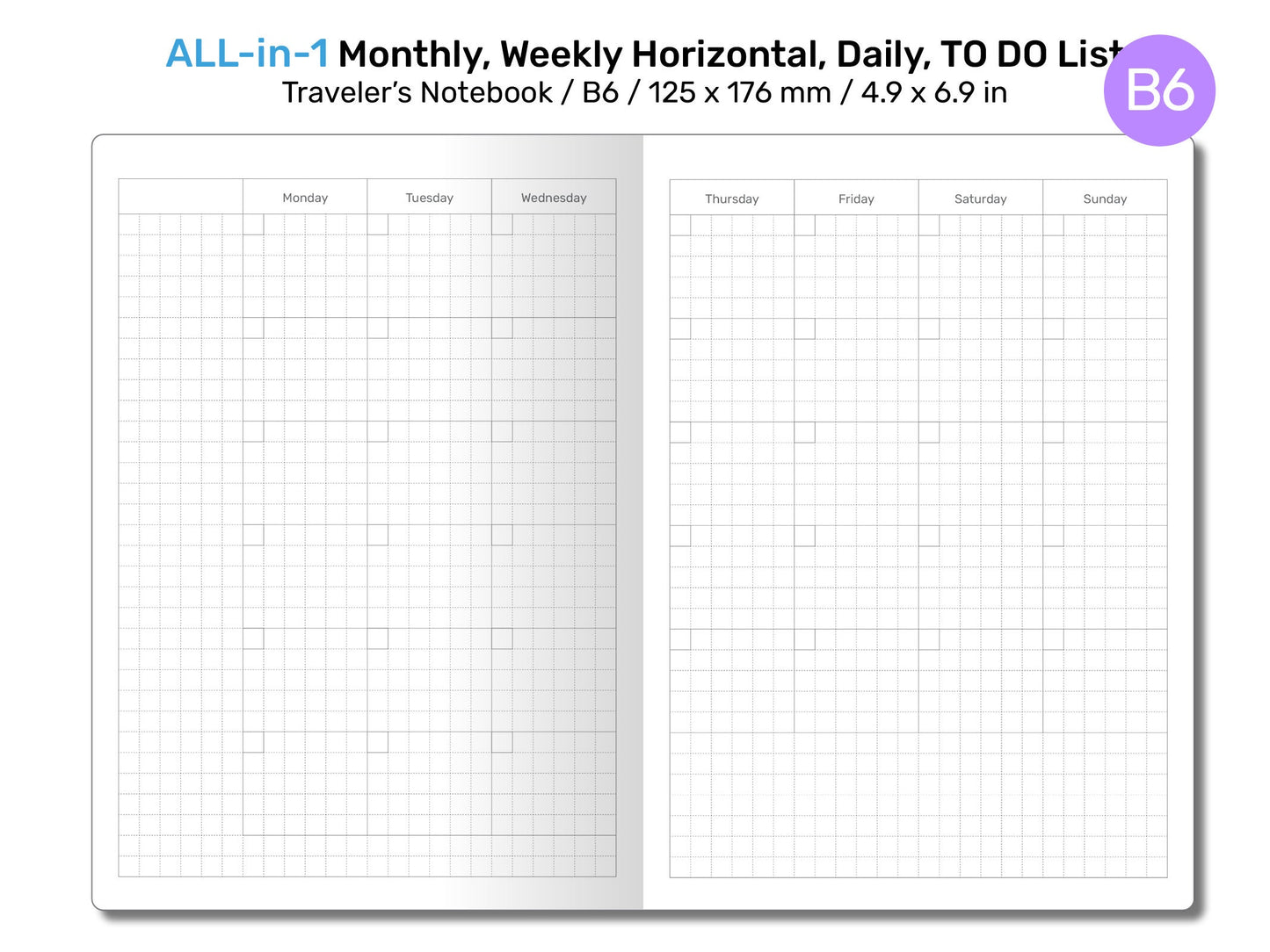 B6 TN All-in-One Monthly, Weekly Horizontal, Tracker / TO DO List, Grid Notes Printable Traveler's Notebook Insert