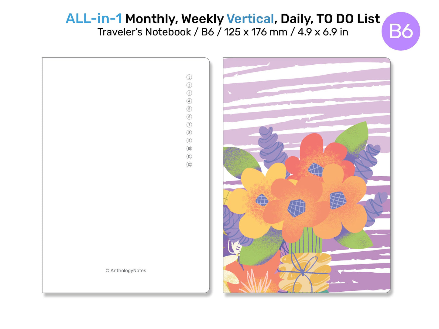 B6 TN All-in-One Monthly, Weekly Vertical, Tracker / TO DO List, Grid Notes Printable Traveler's Notebook Insert