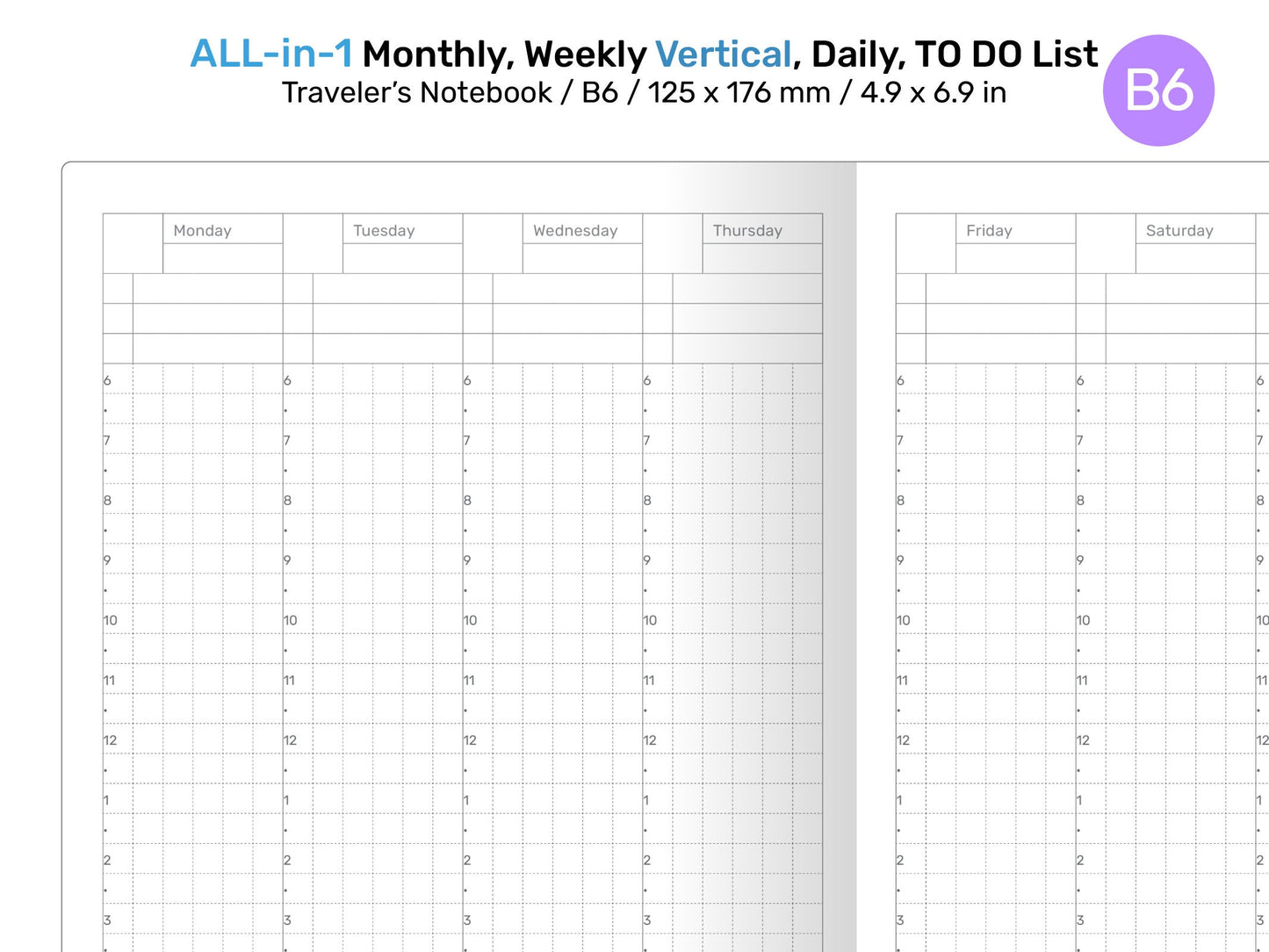 B6 TN All-in-One Monthly, Weekly Vertical, Tracker / TO DO List, Grid Notes Printable Traveler's Notebook Insert