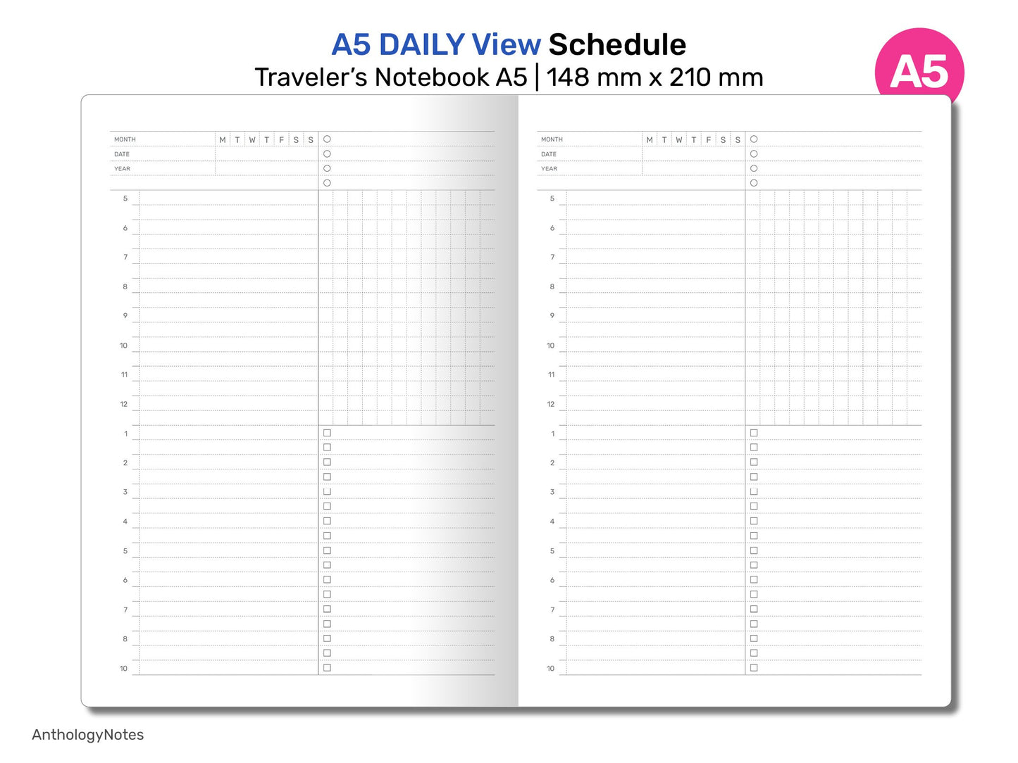 TN A5 DAILY View Appointment Printable Traveler's Notebook Refill Minimalist Printable Planner A522-004-Daily