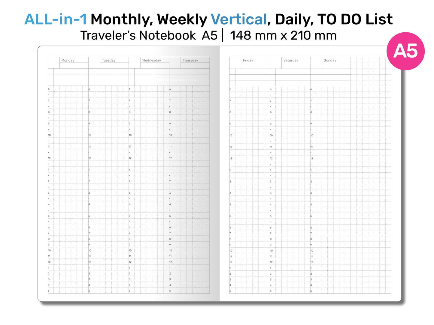 A5 TN All-in-One Monthly, Weekly Vertical, Tracker & TO DO List, Grid Notes Printable Travel A522-005er's Notebook Insert