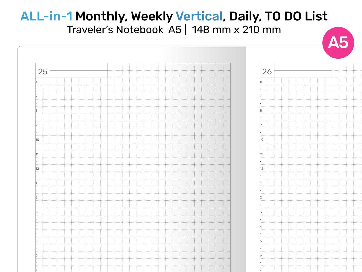 A5 TN All-in-One Monthly, Weekly Vertical, Tracker & TO DO List, Grid Notes Printable Travel A522-005er's Notebook Insert