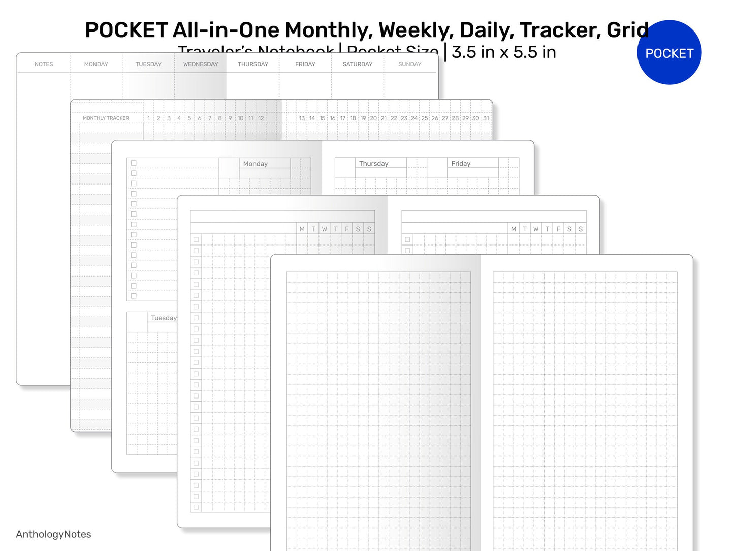 POCKET TN All-in-One Monthly View, Tracker, Weekly, Daily, To Do List Printable Traveler's Notebook Refill