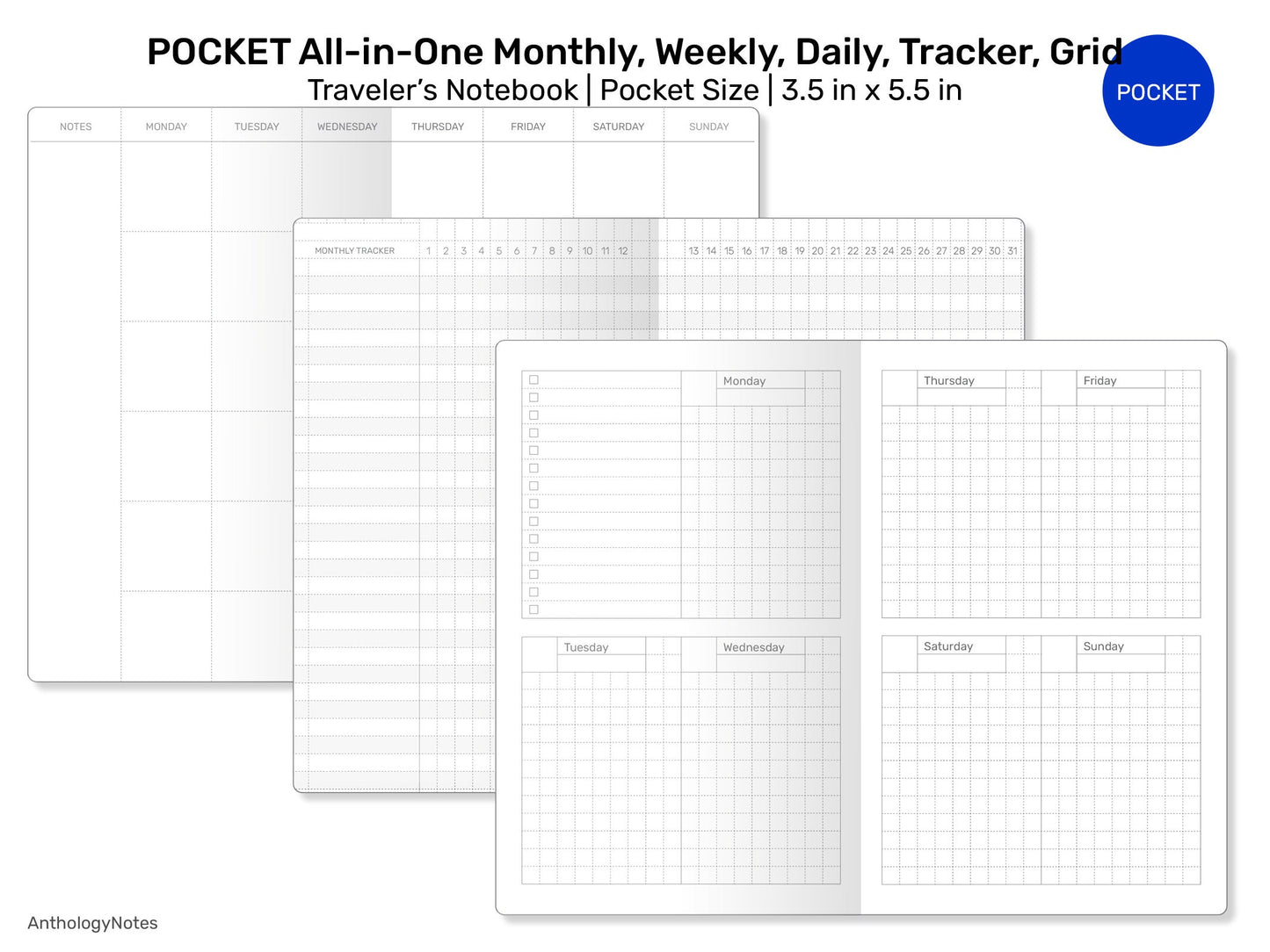 POCKET TN All-in-One Monthly View, Tracker, Weekly, Daily, To Do List Printable Traveler's Notebook Refill