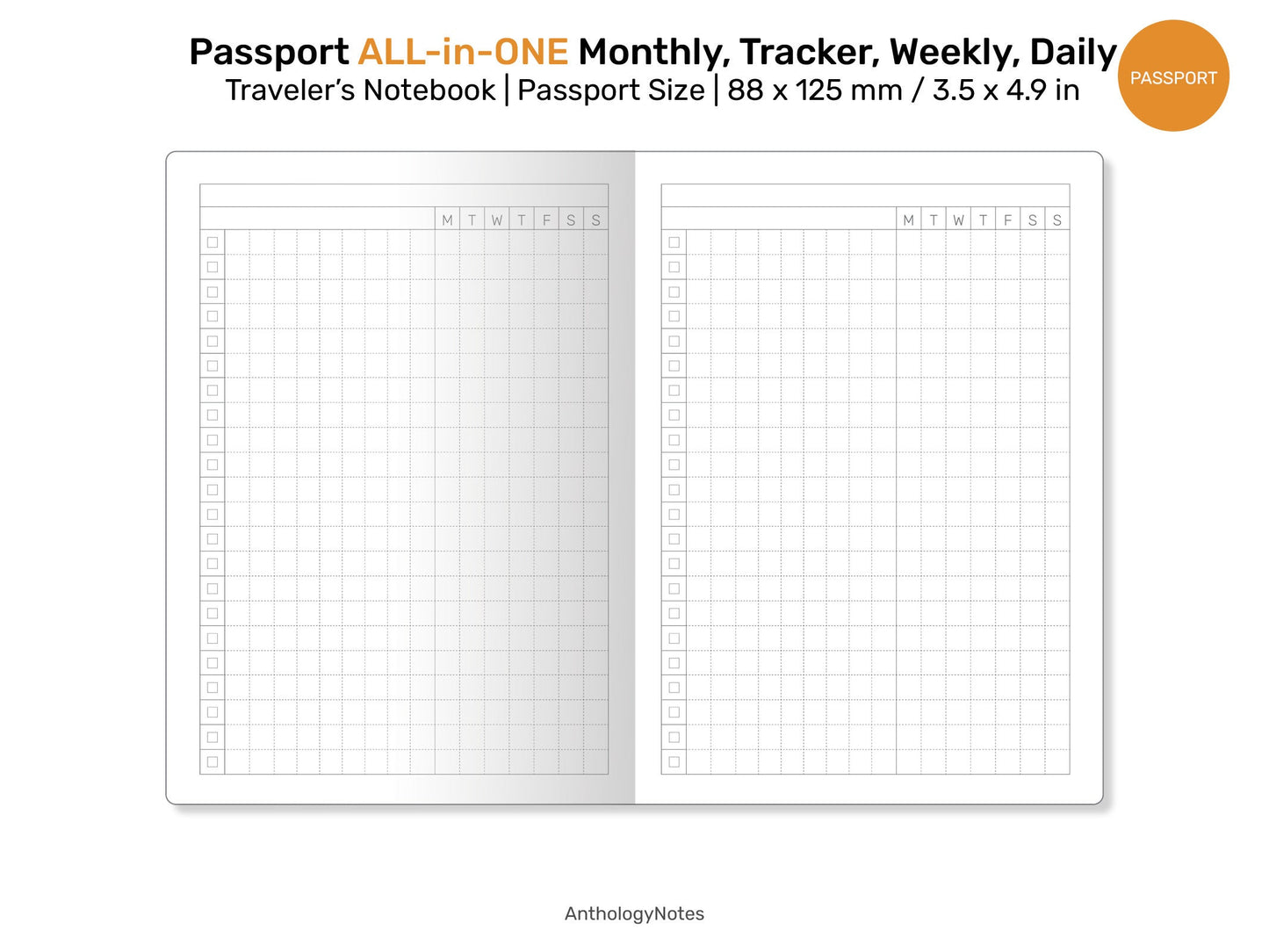 PASSPORT TN All-in-One Monthly View, Tracker, Weekly, Daily, To Do List Printable Traveler's Notebook Refill