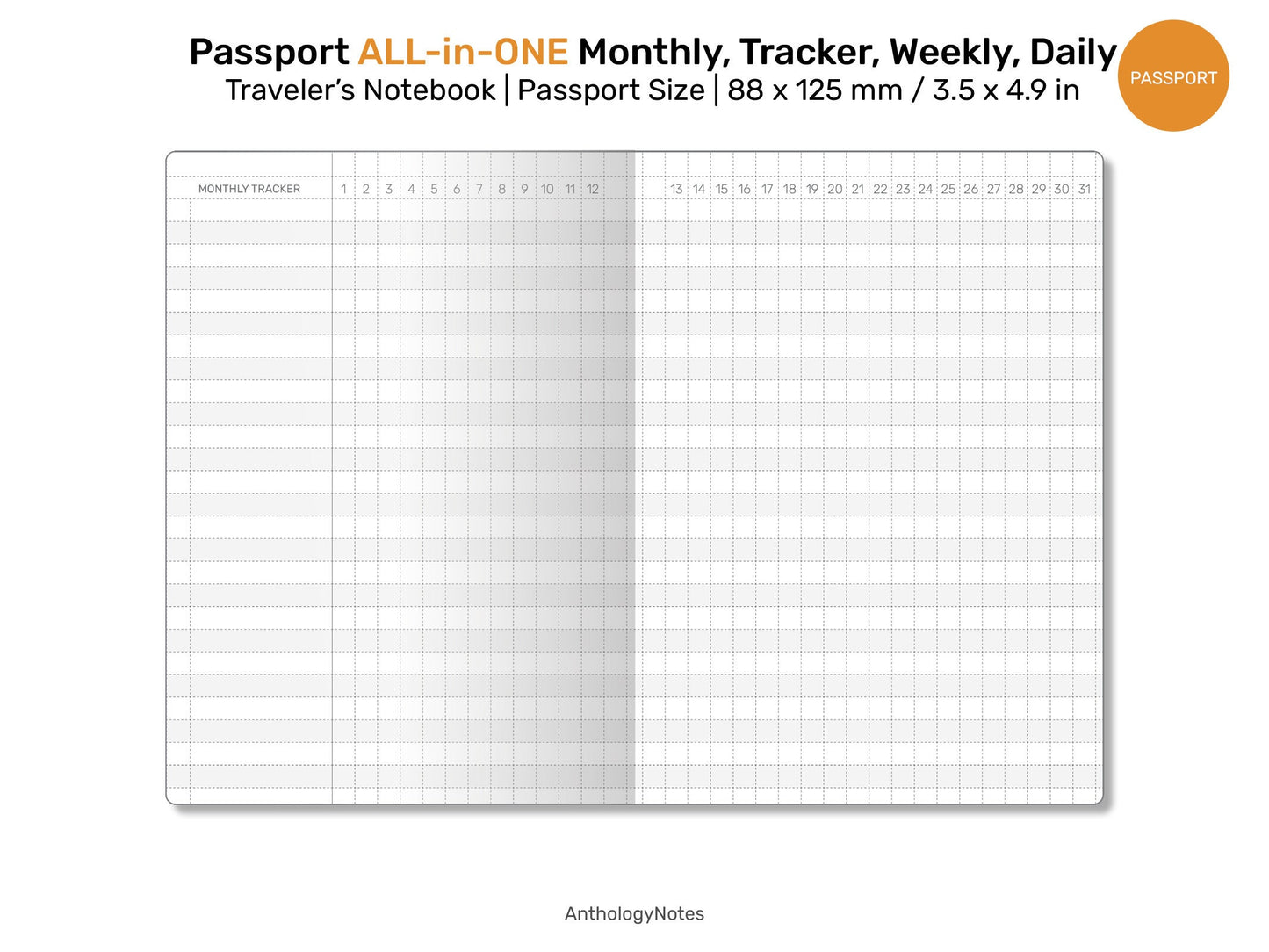 PASSPORT TN All-in-One Monthly View, Tracker, Weekly, Daily, To Do List Printable Traveler's Notebook Refill