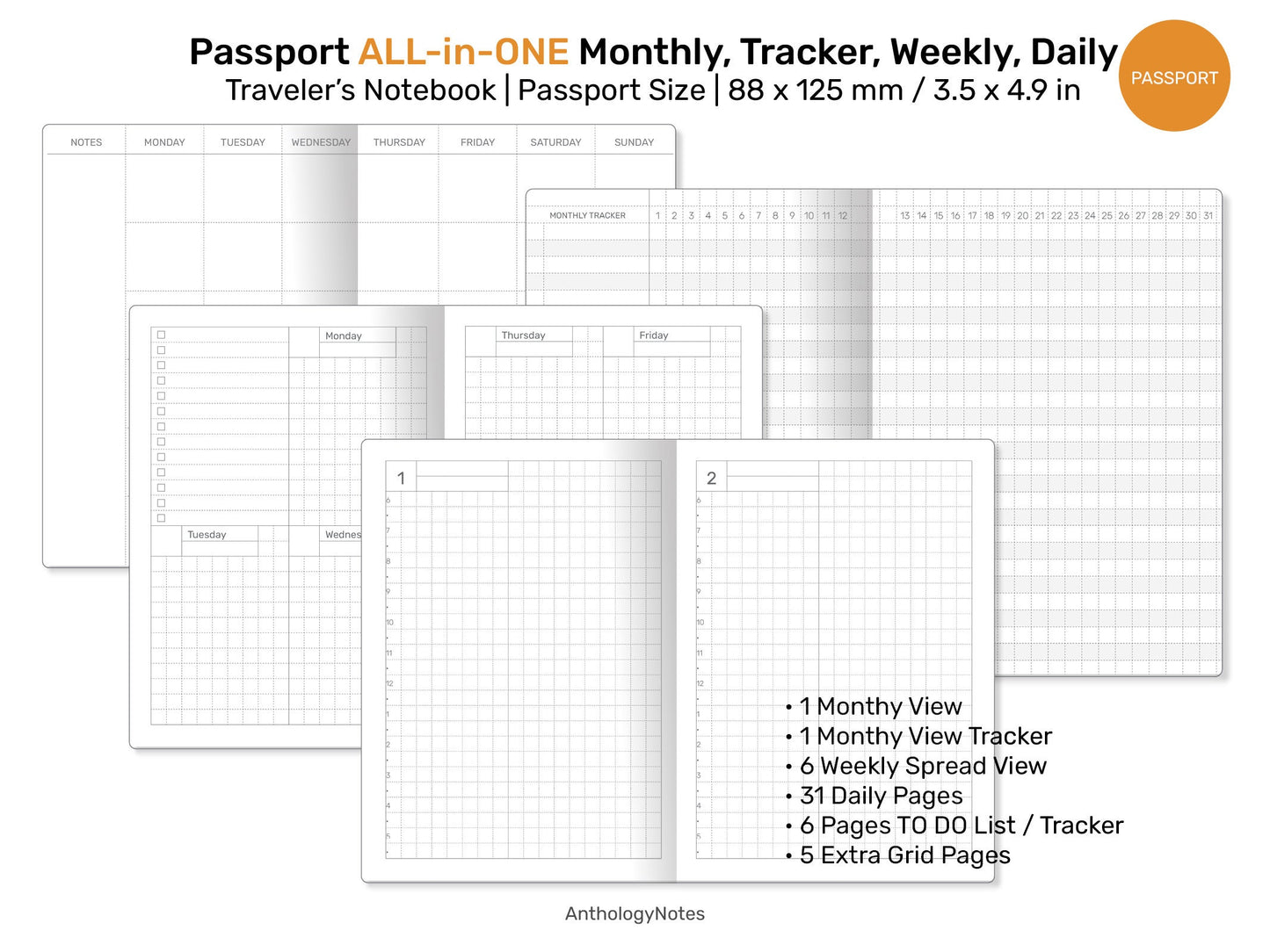 PASSPORT TN All-in-One Monthly View, Tracker, Weekly, Daily, To Do List Printable Traveler's Notebook Refill