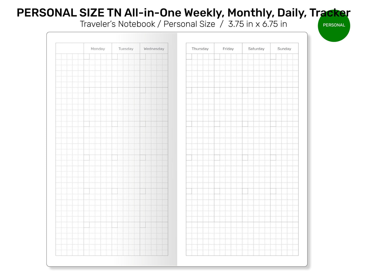 PERSONAL TN All-in-One Monthly, Weekly Horizontal, Tracker / To Do List, Grid Notes Printable Traveler's Notebook Insert