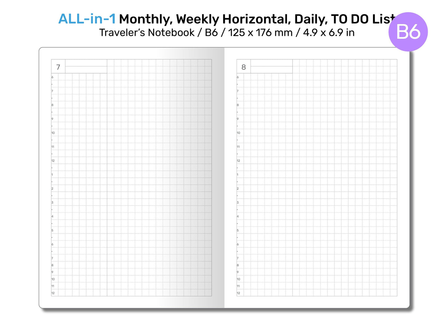 B6 TN All-in-One Monthly, Weekly Horizontal, Tracker / TO DO List, Grid Notes Printable Traveler's Notebook Insert